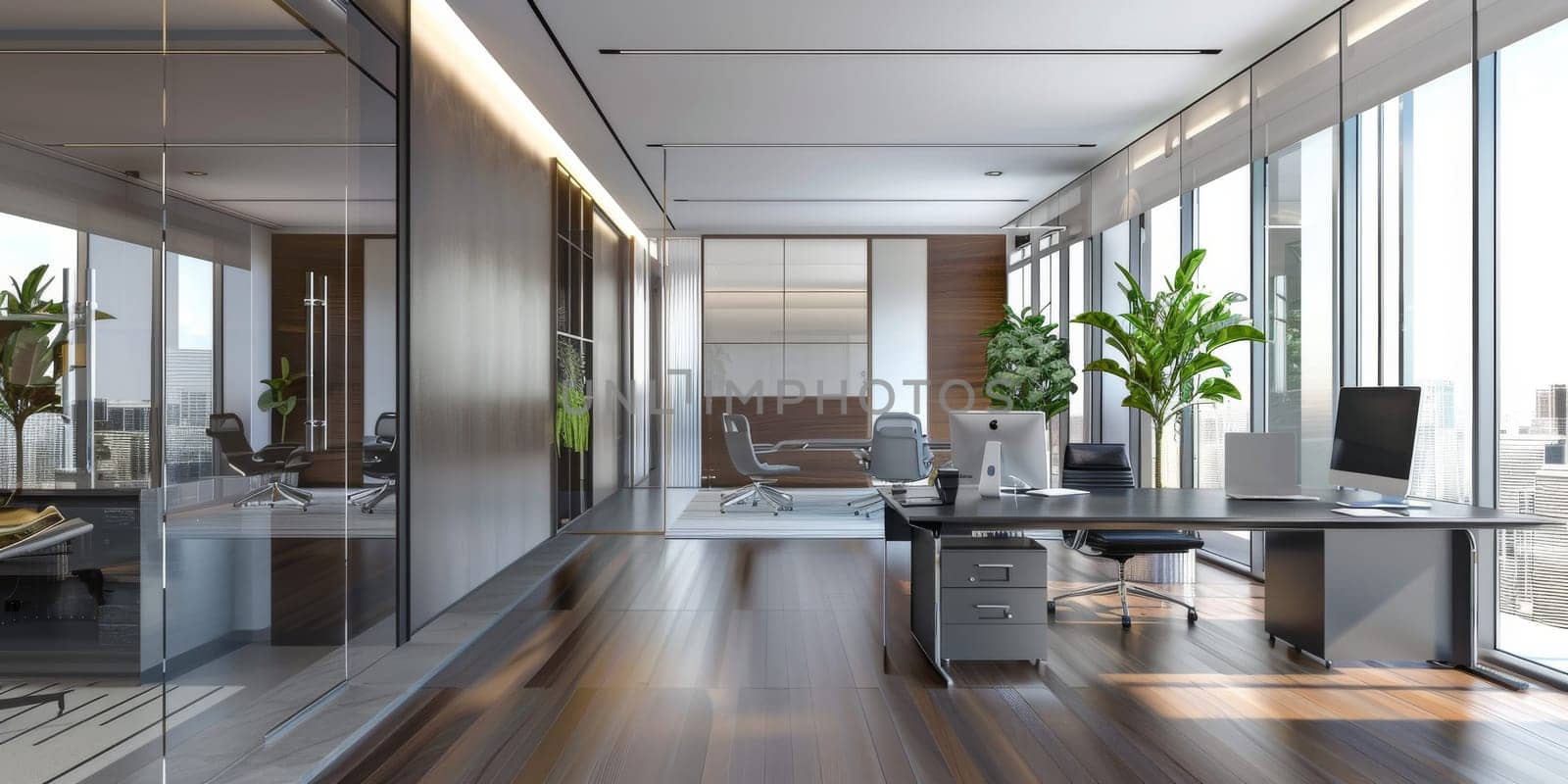 Modern office setup featuring a clean layout pattern.