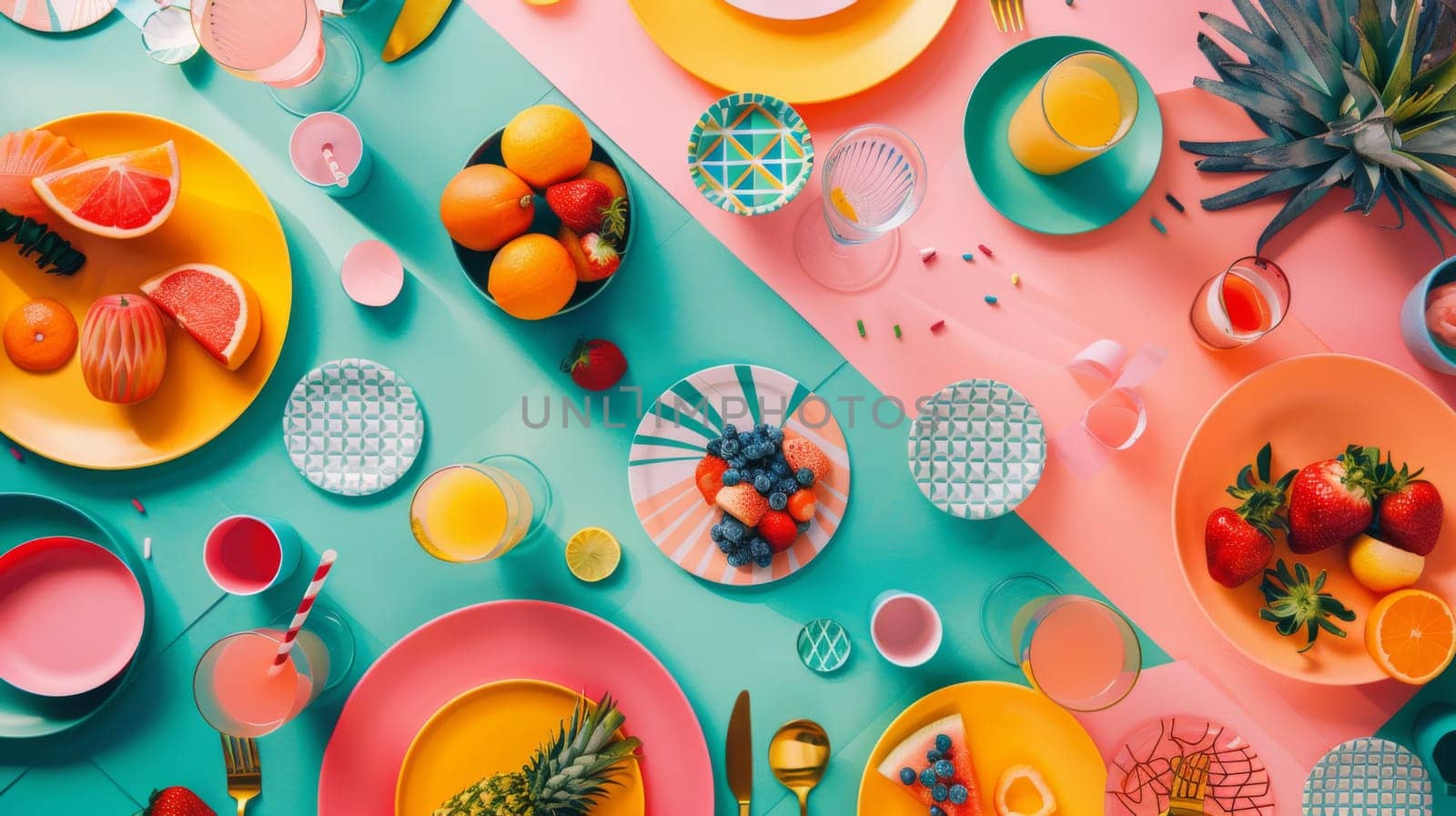 A colorful table with a variety of fruits and drinks, including oranges, strawberries, and pineapple. The table is set for a party or gathering, with plates, cups, and utensils