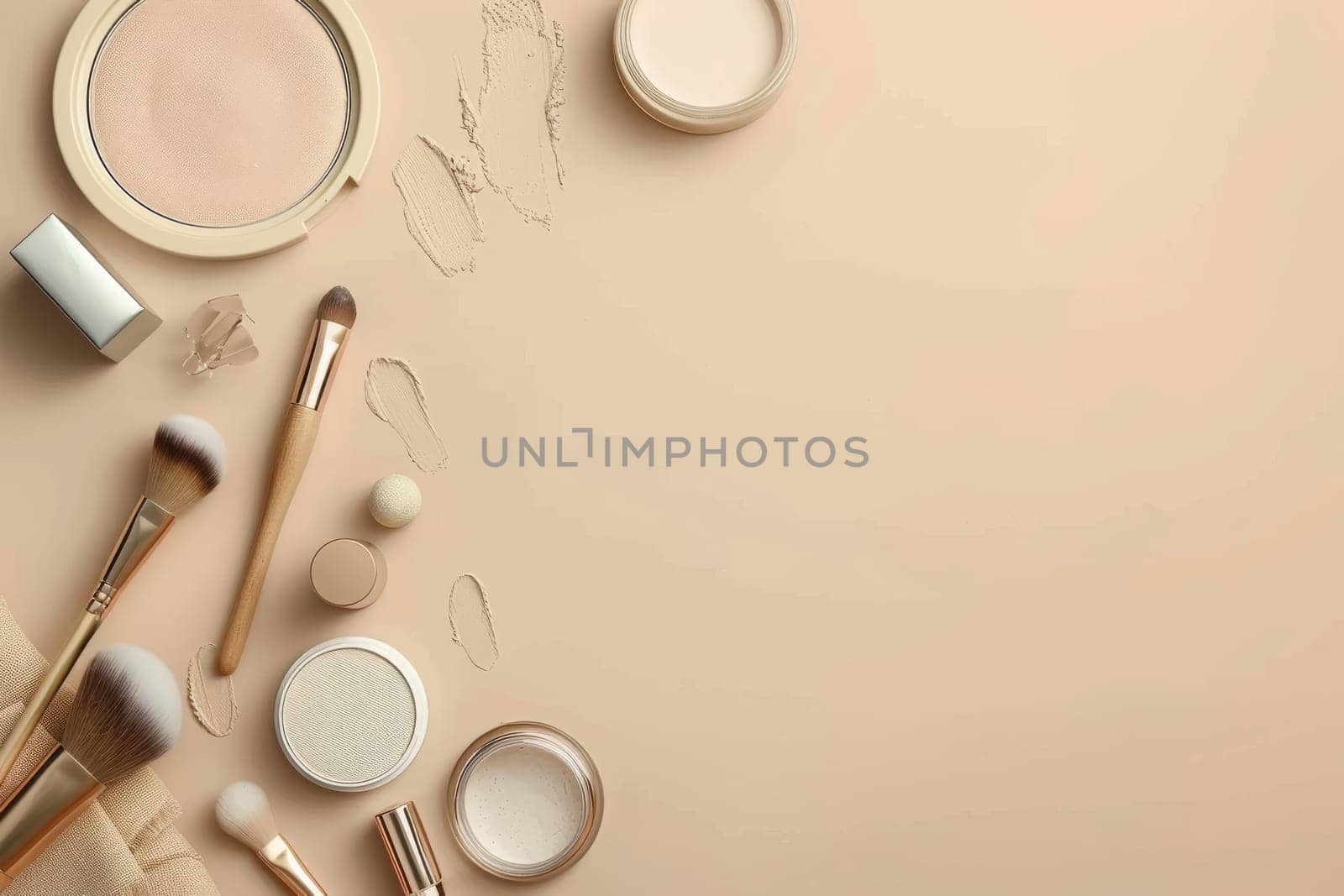 Neutral background with ample space for text alongside cosmetics.