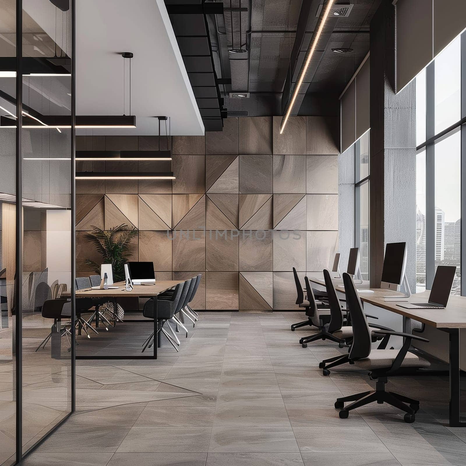 Modern office environment featuring a geometric layout pattern.