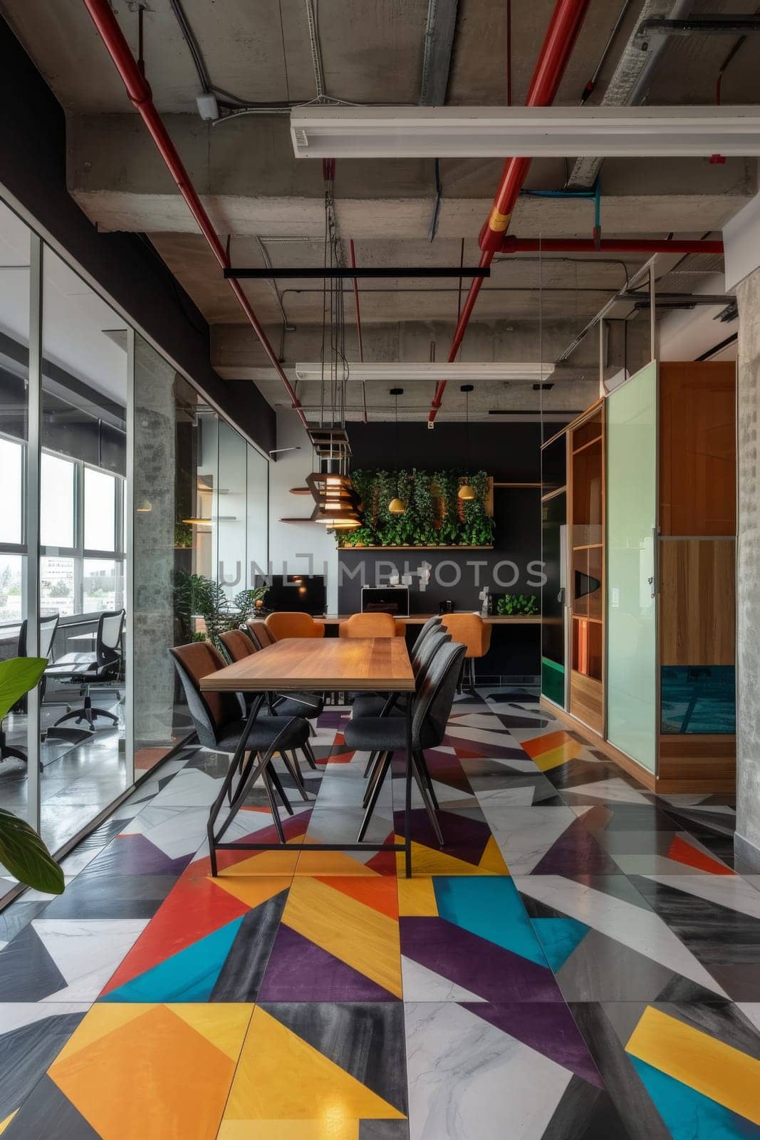 Office environment with a geometric layout pattern.