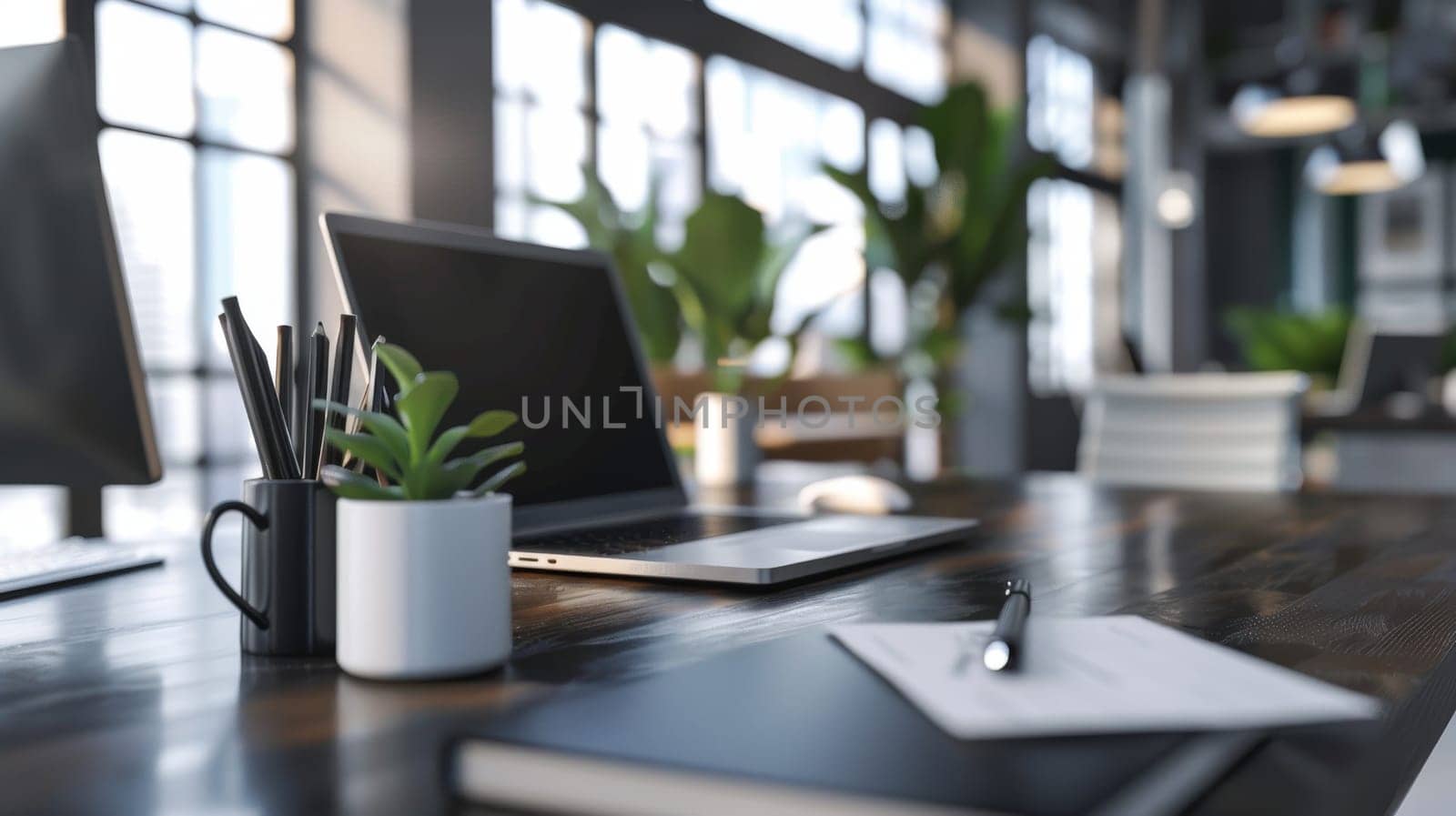 Modern office scene featuring contemporary business items.