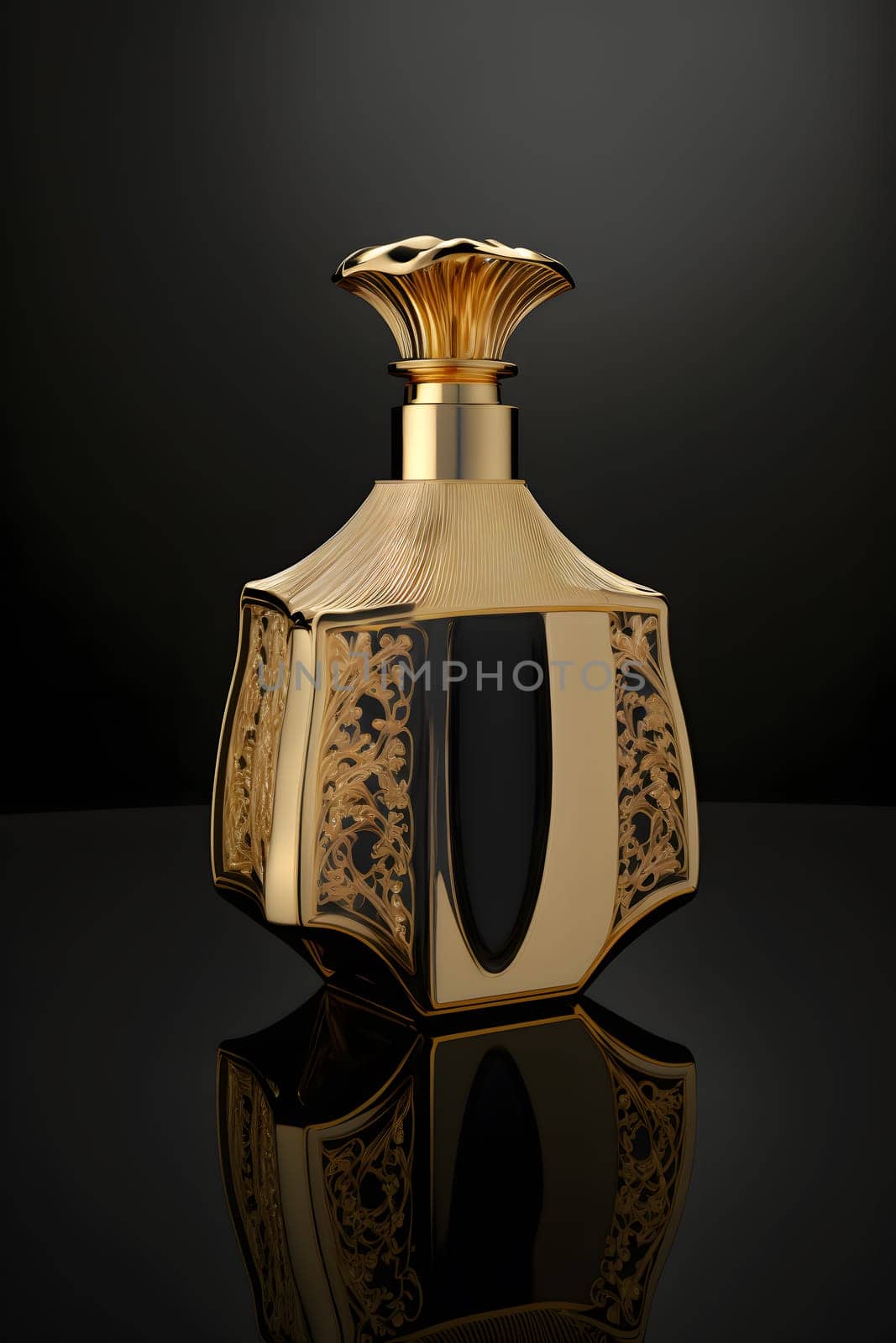A Bottle of Perfume Women Eau De Parfum in Bottle Isolated on Black. Fragrance for Women Perfume Spray. Neural network AI generated art