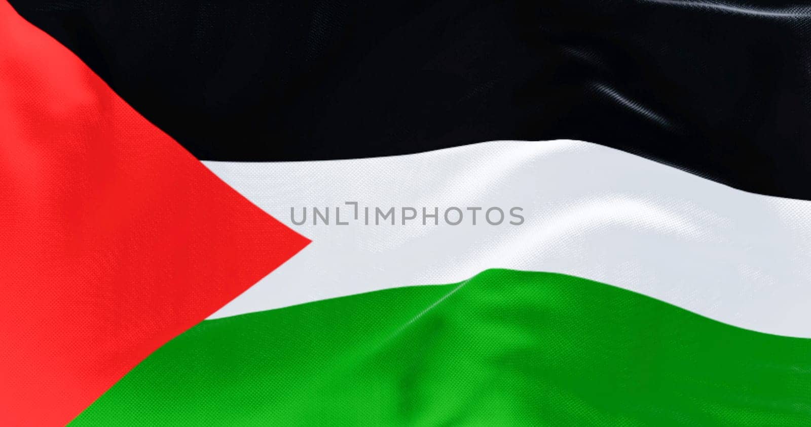Palestine national flag waving on a clear day. Three black, white, green stripes with red triangle on left. 3d illustration render. Selective focus. Close-up. Rippling fabric