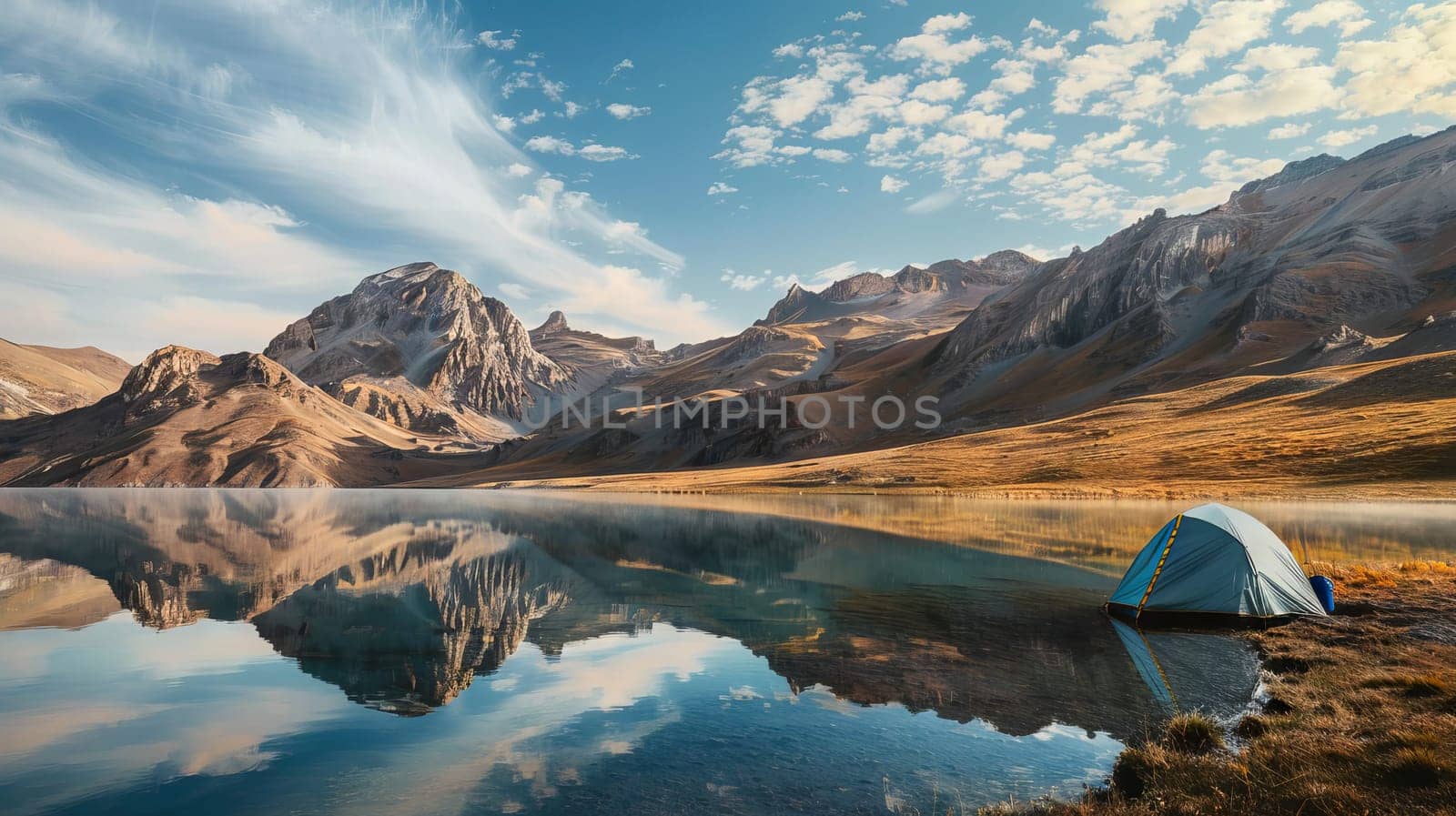 Panoramic copy space image of a nomad camping beside a tranquil mountain lake.