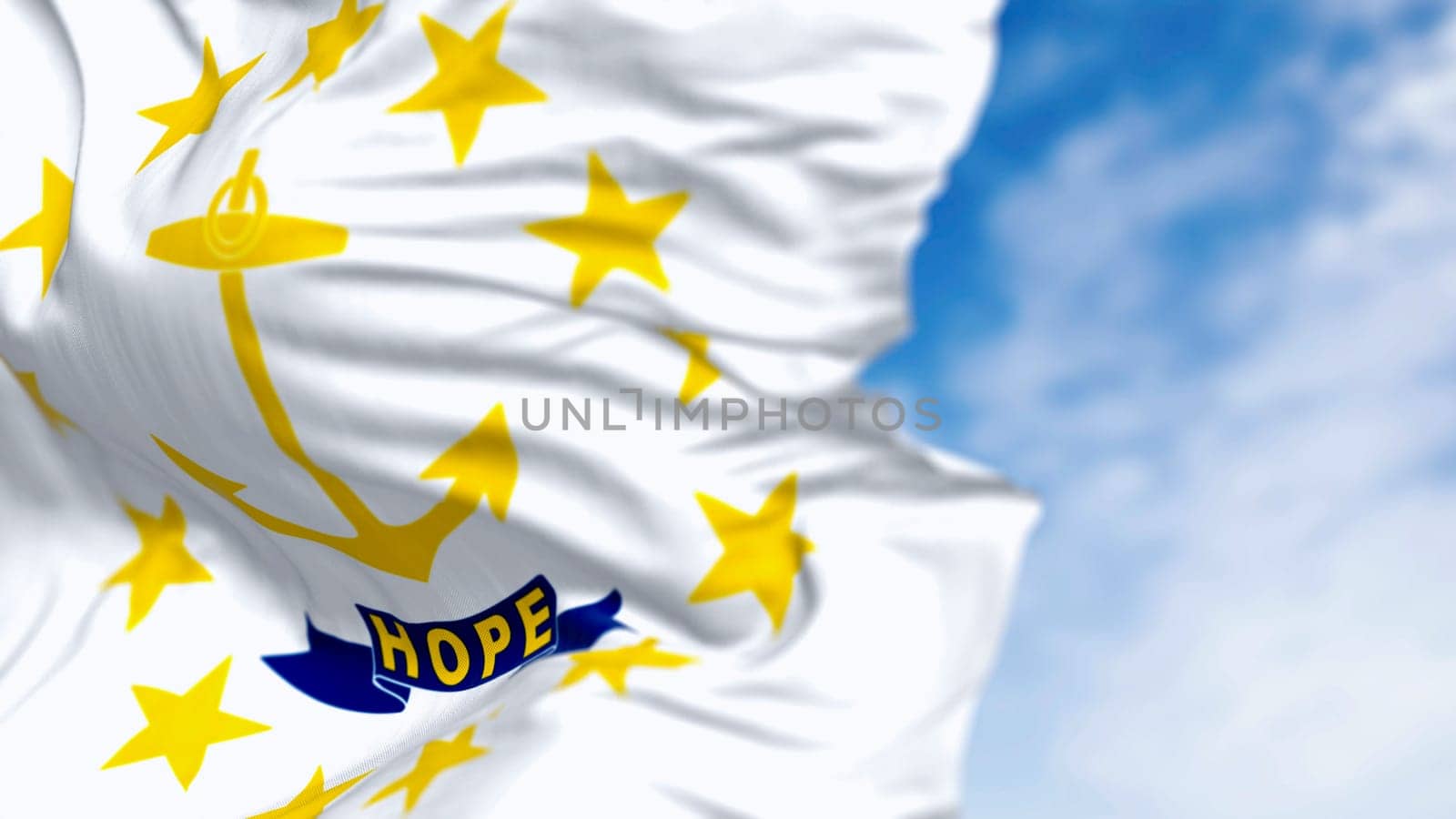 Close-up of the Rhode Island state flag waving. Gold anchor in the center surrounded by thirteen gold stars. 3d illustration render. Close-up. Rippling fabric