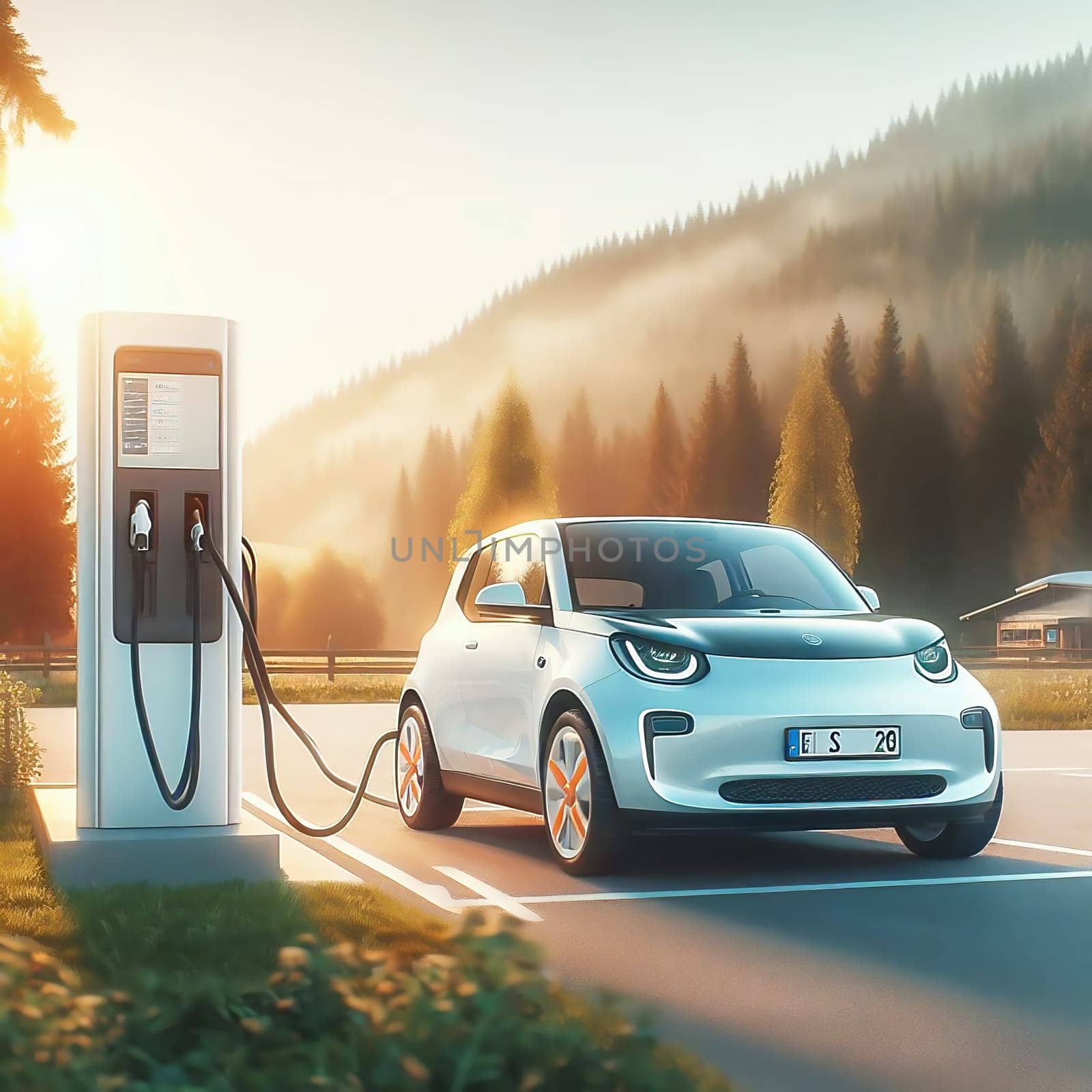 A modern electric car at a charging station of a futuristic filling station. The scene looks clean, technological and environmentally friendly