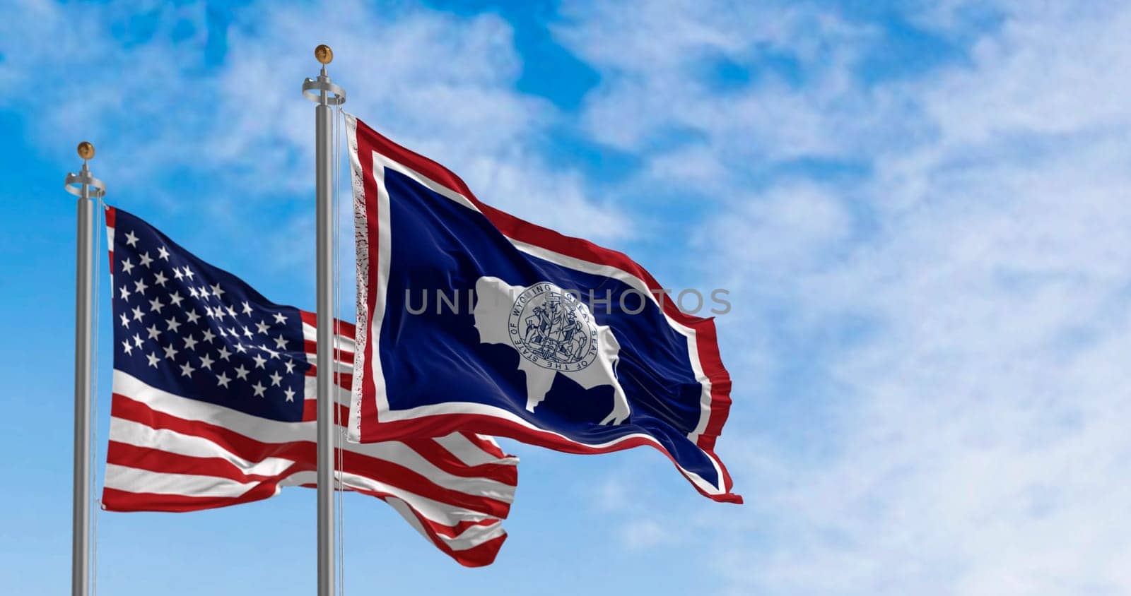 Wyoming state flag and the american flag waving together on a clear day. Silhouette of an American bison with the state seal on its trunk. 3d illustration render. Selective focus. Rippling fabric