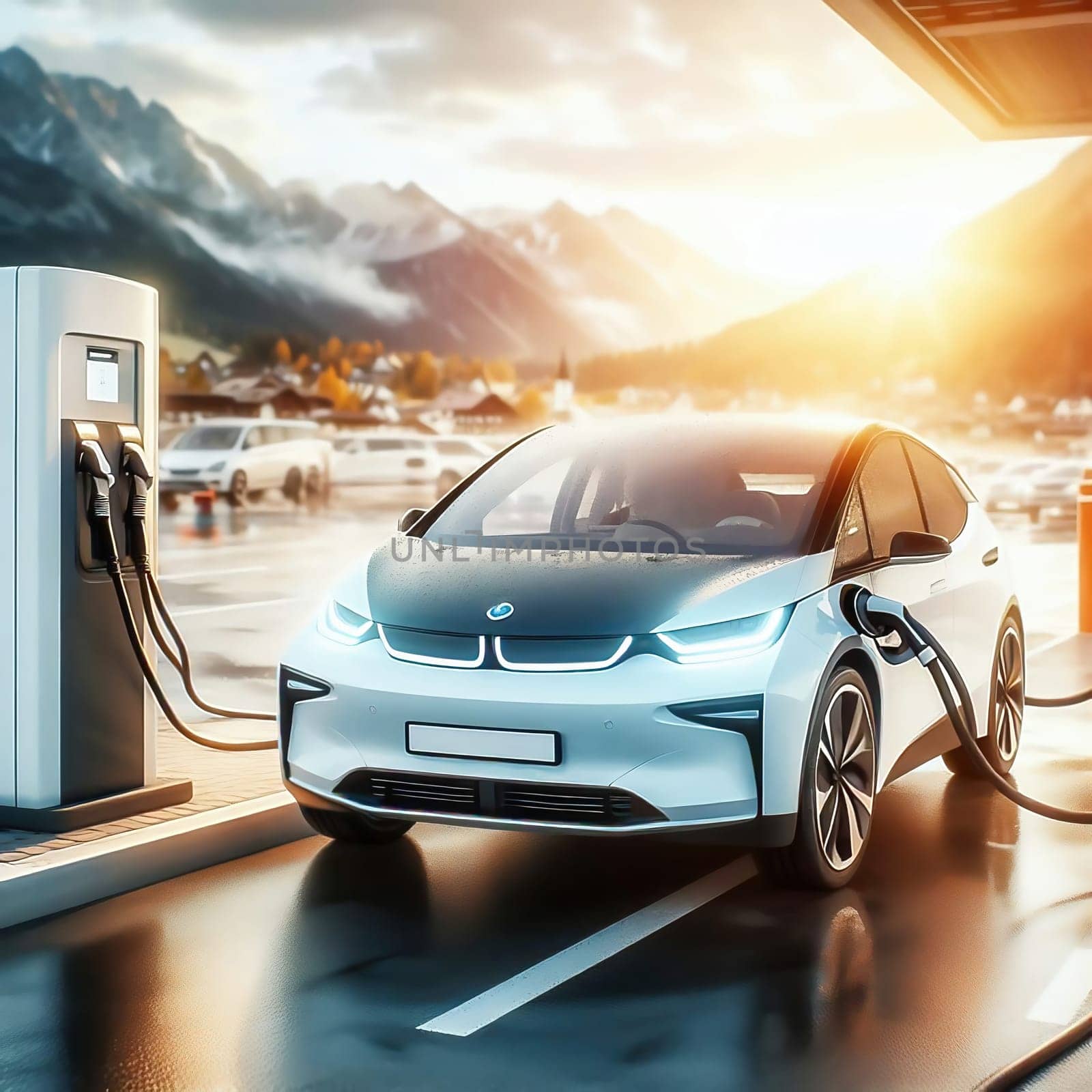 A modern electric car at a charging station of a futuristic filling station. The scene looks clean, technological and environmentally friendly