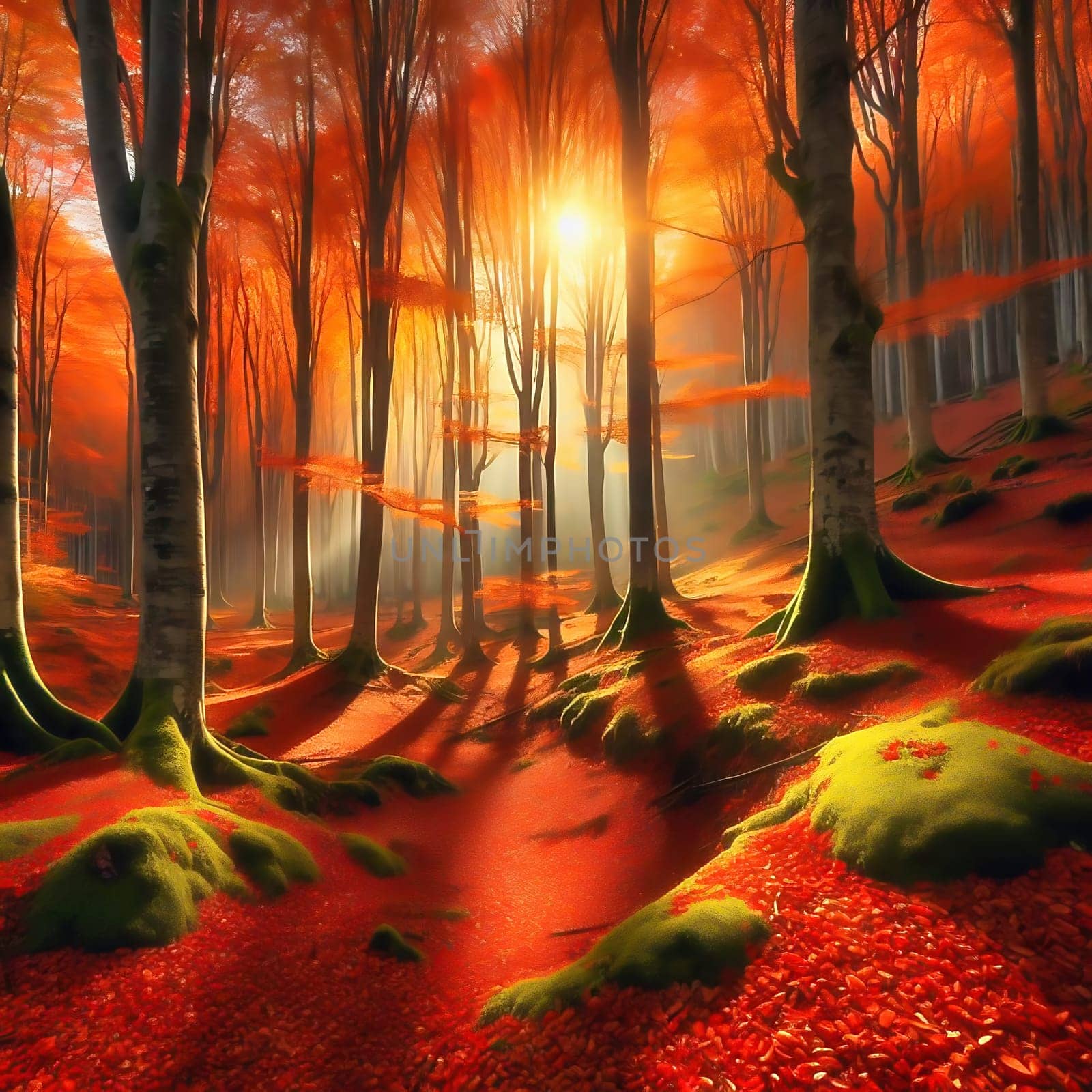 An autumnal forest with glowing red leaves and moss-covered trees, through which the radiant sun casts golden rays of light. AI generated image