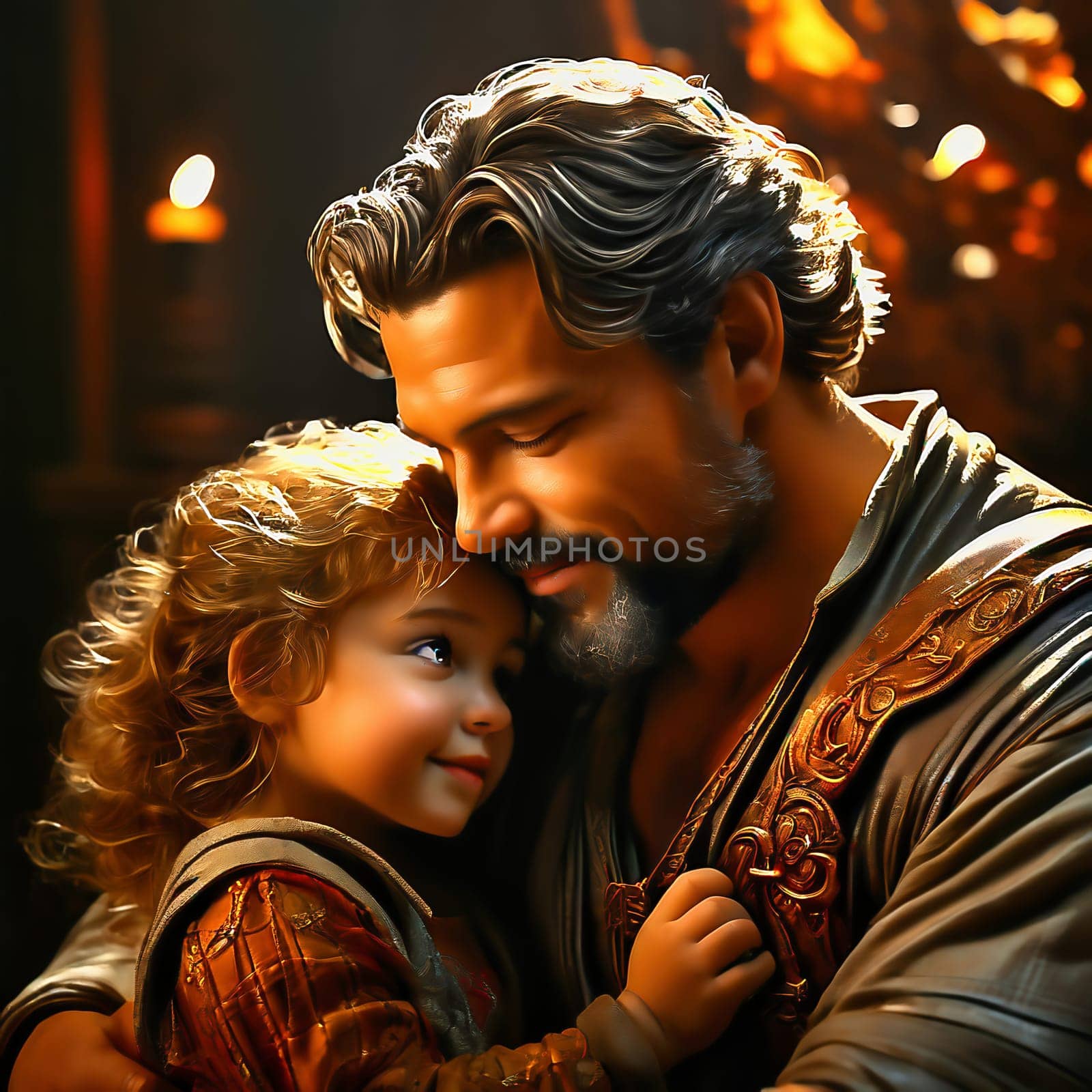 Father and daughter. The picture shows a smiling man with a beard, lovingly holding a little girl in his arms. Both look at each other happily, surrounded by warm, golden light. AI generated image