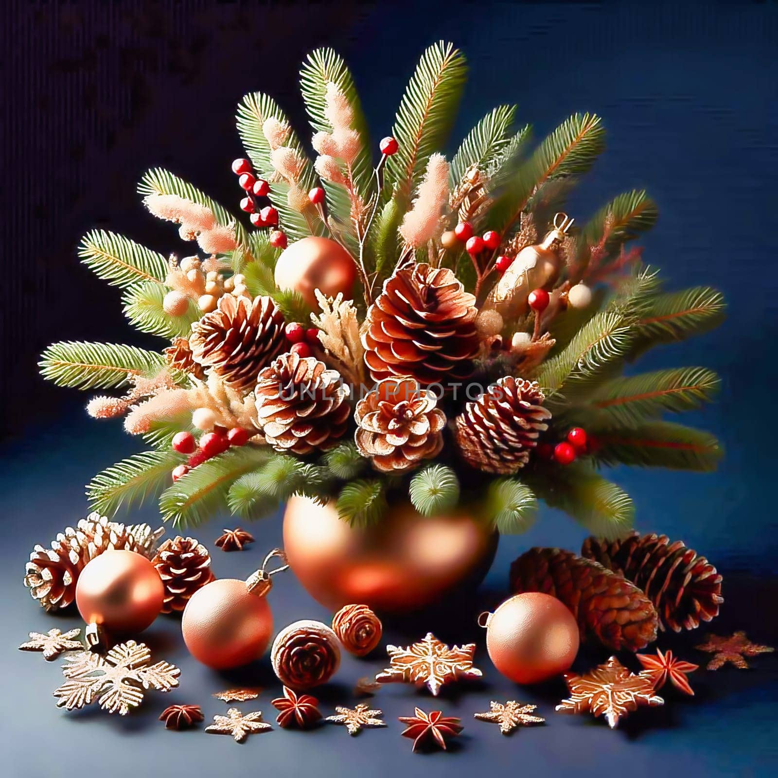 A festive Christmas wreath made of fir branches, pine cones, red berries and golden baubles, decorated with sparkling golden stars. Anticipation of Advent.