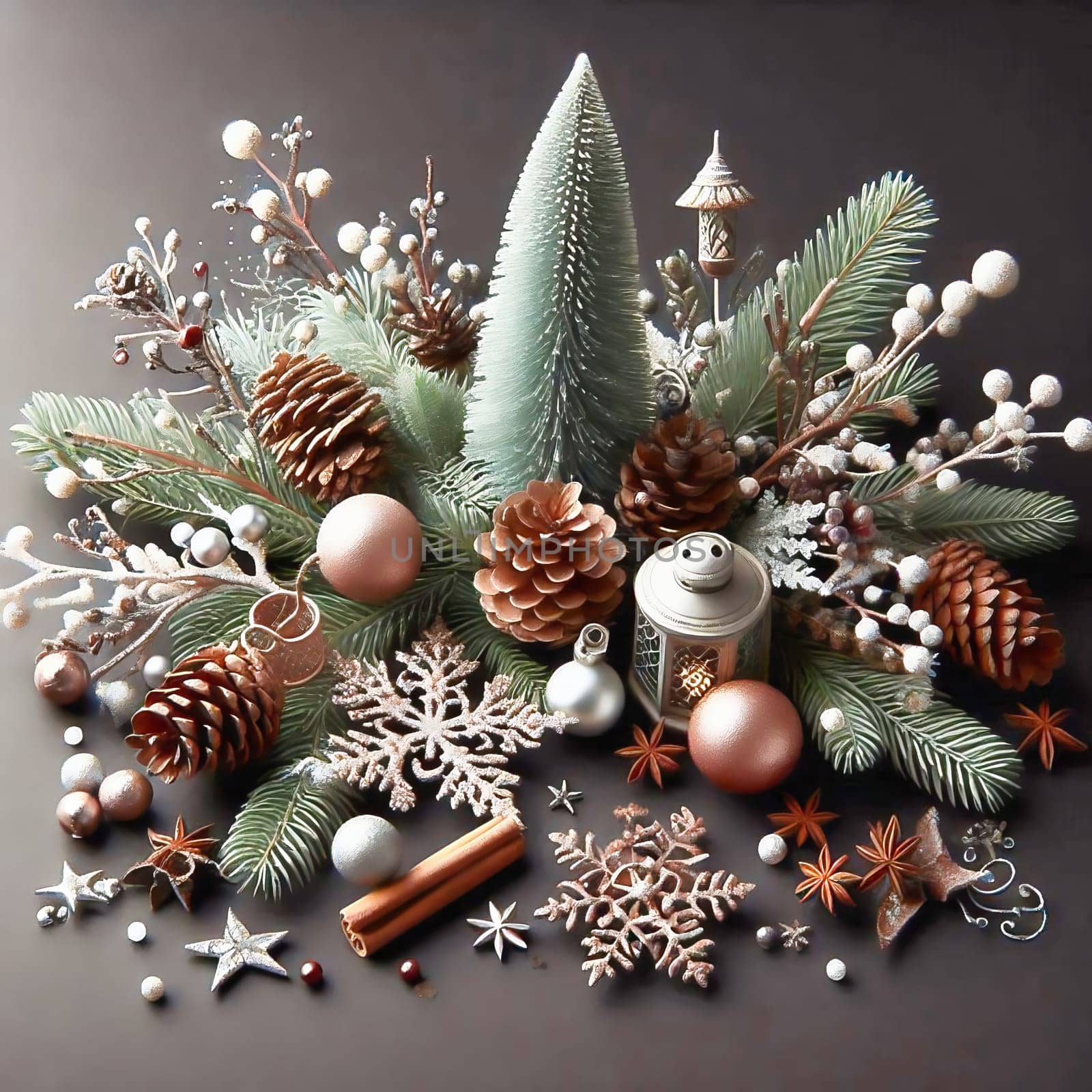 A festive Christmas wreath made of fir branches, pine cones, red berries and golden baubles, decorated with sparkling golden stars. Anticipation of Advent.