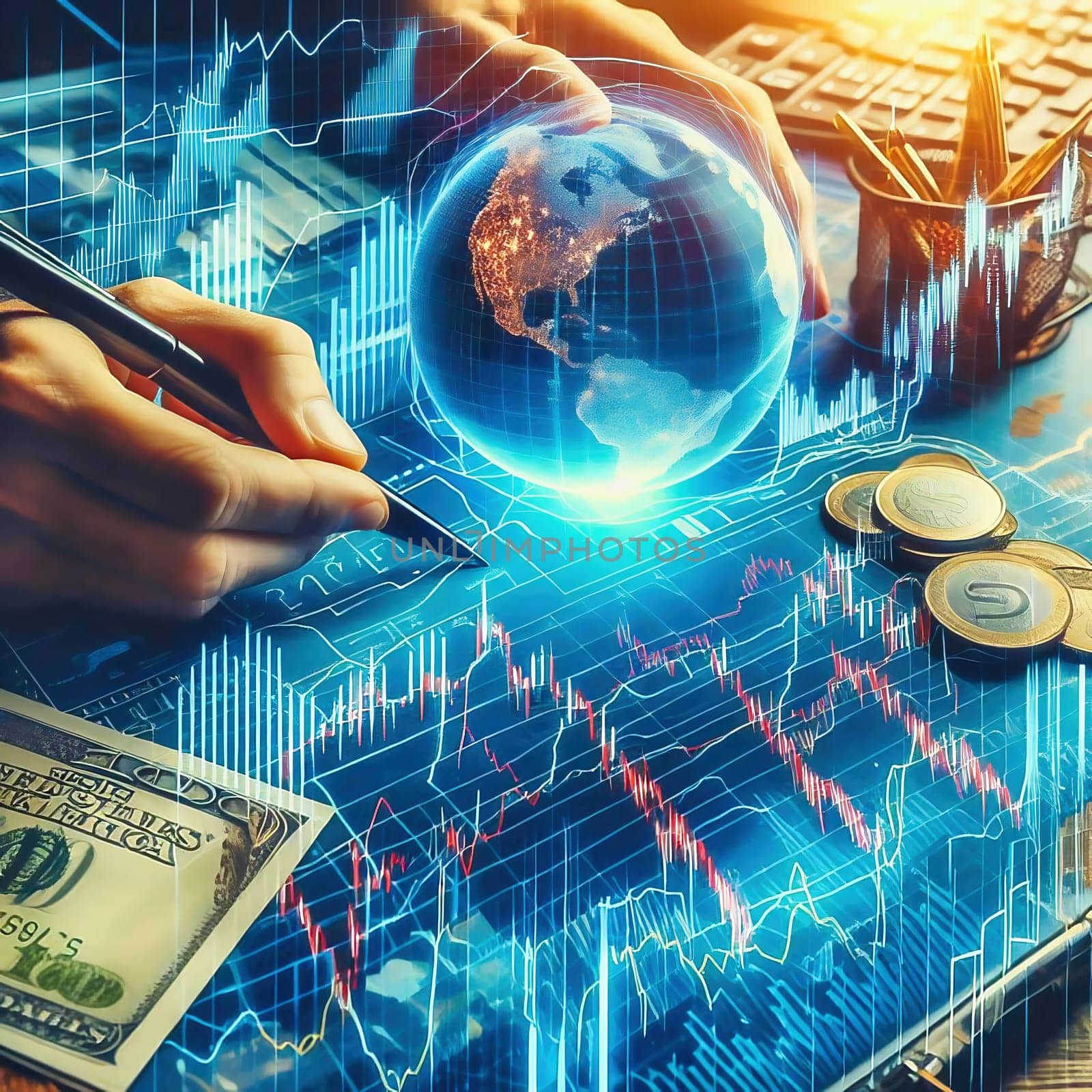 a hand working with a pen on a holographic financial dashboard, surrounded by dollar bills, charts and business accessories on a desk.