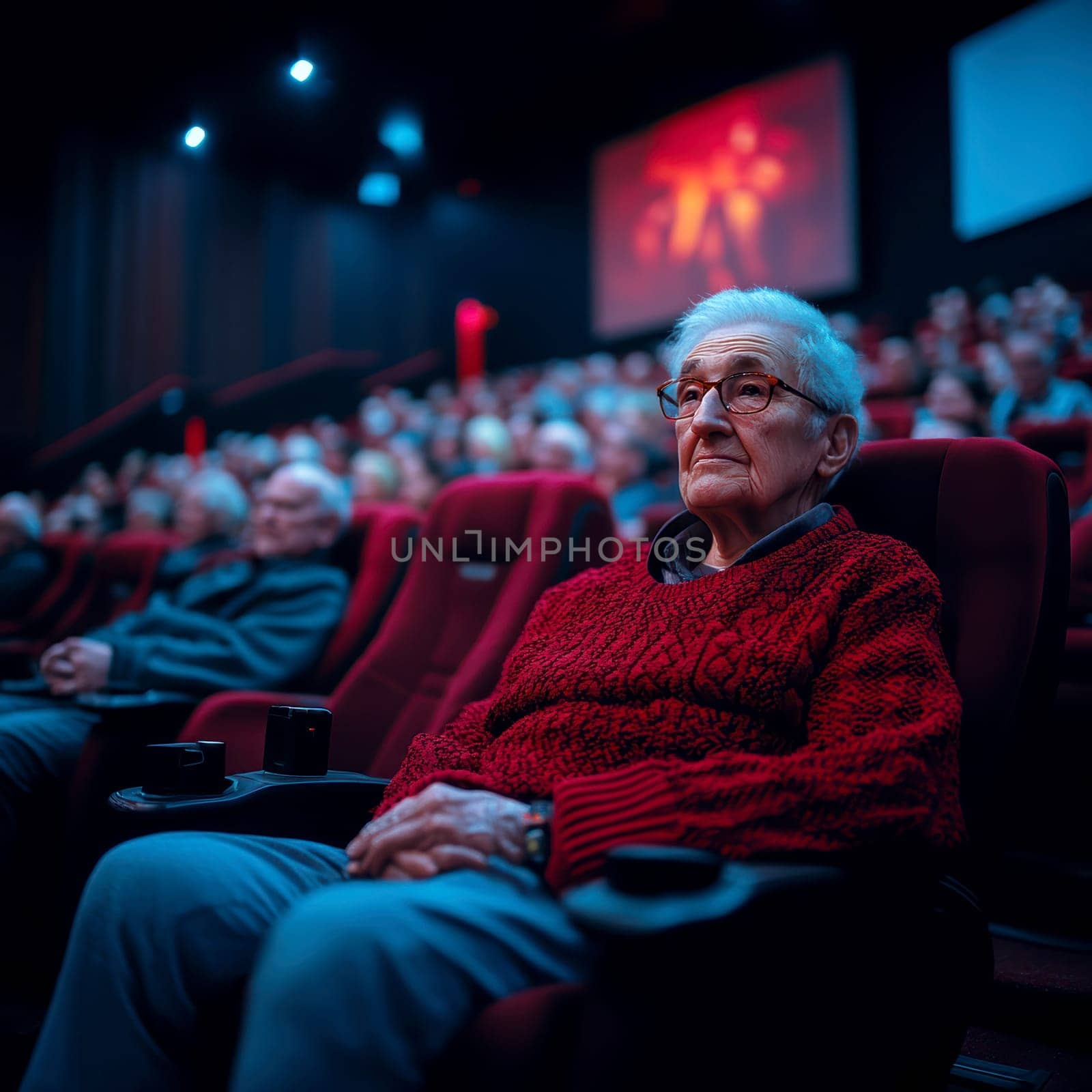 People watching the movie in the theater. AI generative.