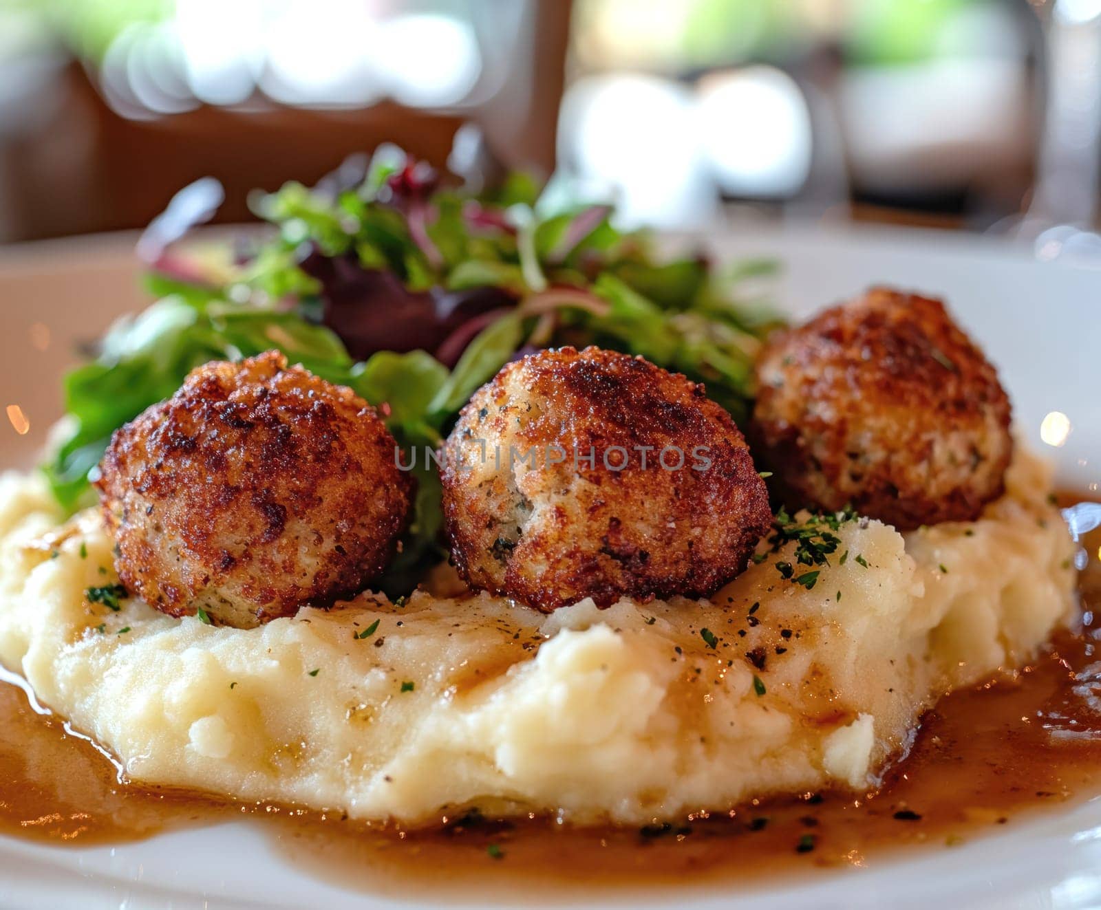 fried meatballs served with creamy mashed potatoes and a fresh green salad. AI generative.