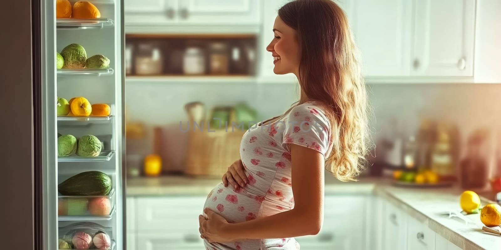 A pregnant woman is opening the refrigerator. AI generative.