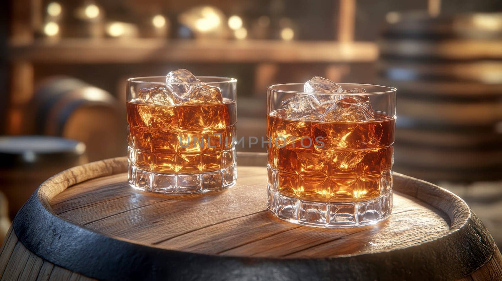 Two elegant, crystal-clear glasses of whiskey with ice cubes. AI generative.
