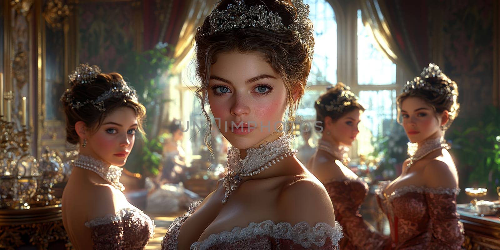 elegant woman from the Victorian era standing in a richly decorated parlor. AI generative.