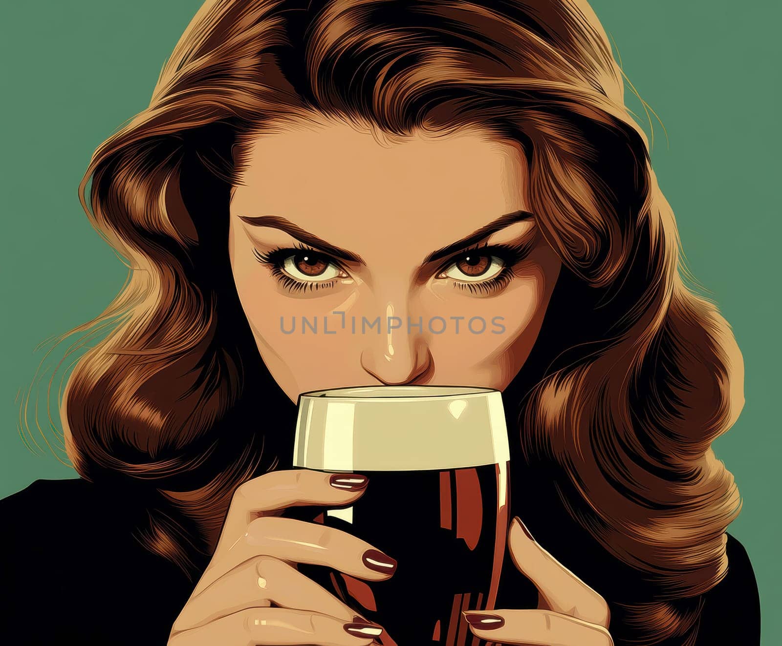 A woman styled in the 1950s holding a glass of beer. Vintage poster. AI generative.