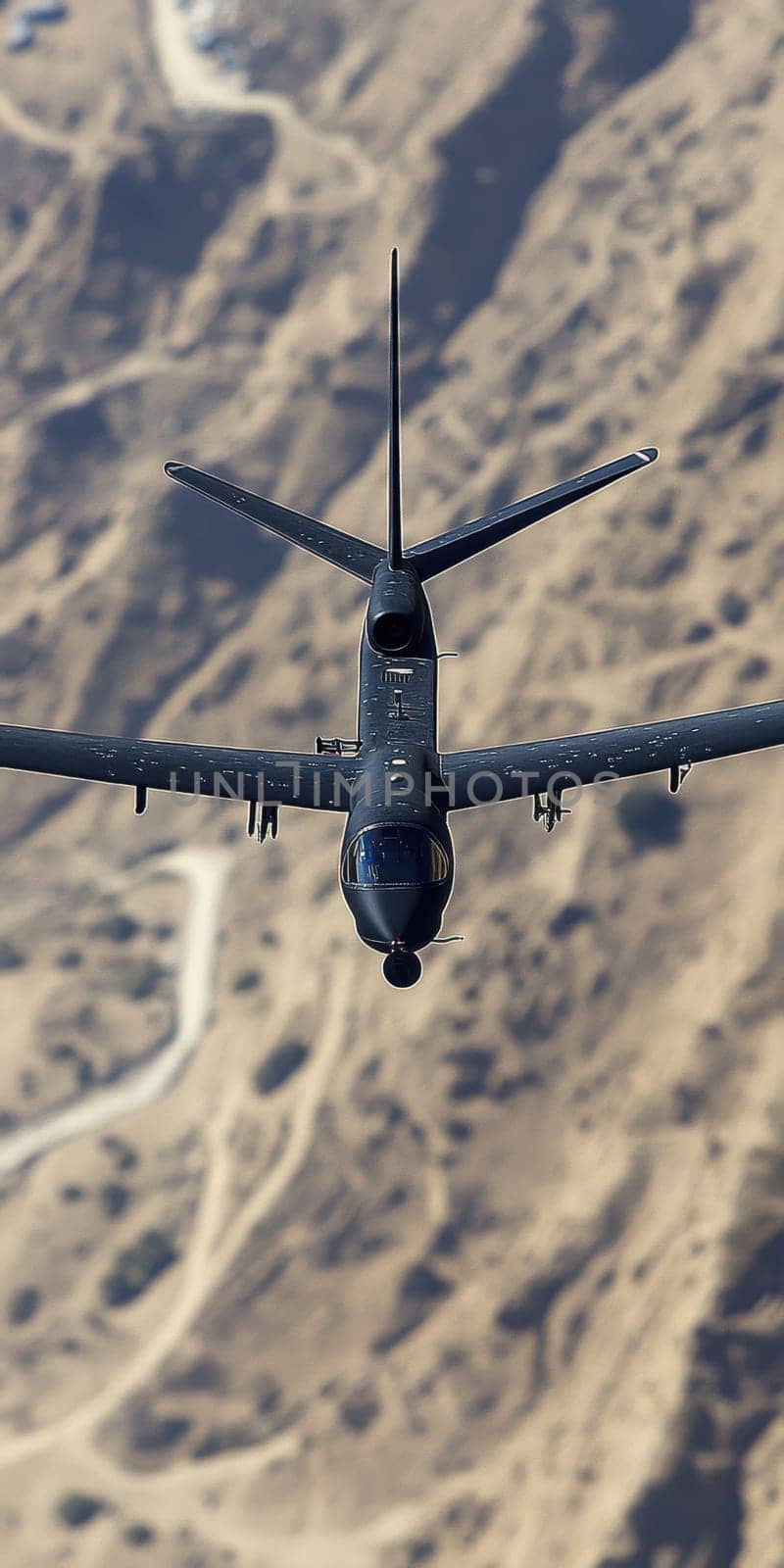A drone seen from above flies over the battlefield. Ai generative.