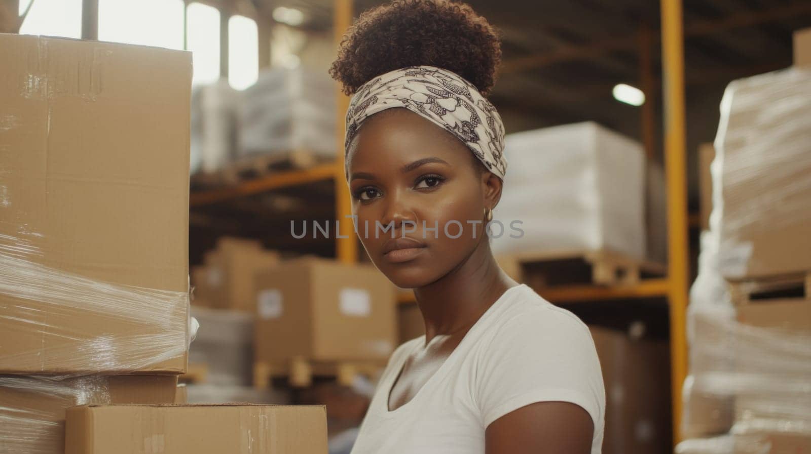 African american young woman working in warehouse with boxes, concept of logistics, AI Generated