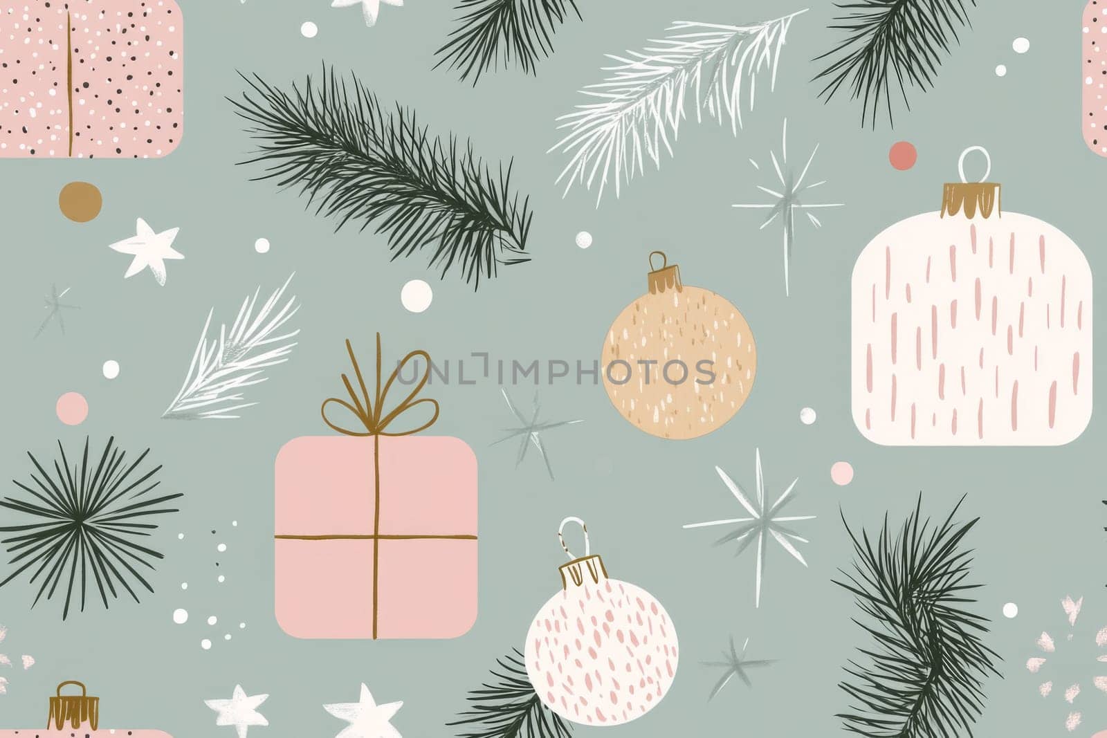 Festive christmas ornaments and gifts with pine branches, seamless pattern, AI Generated