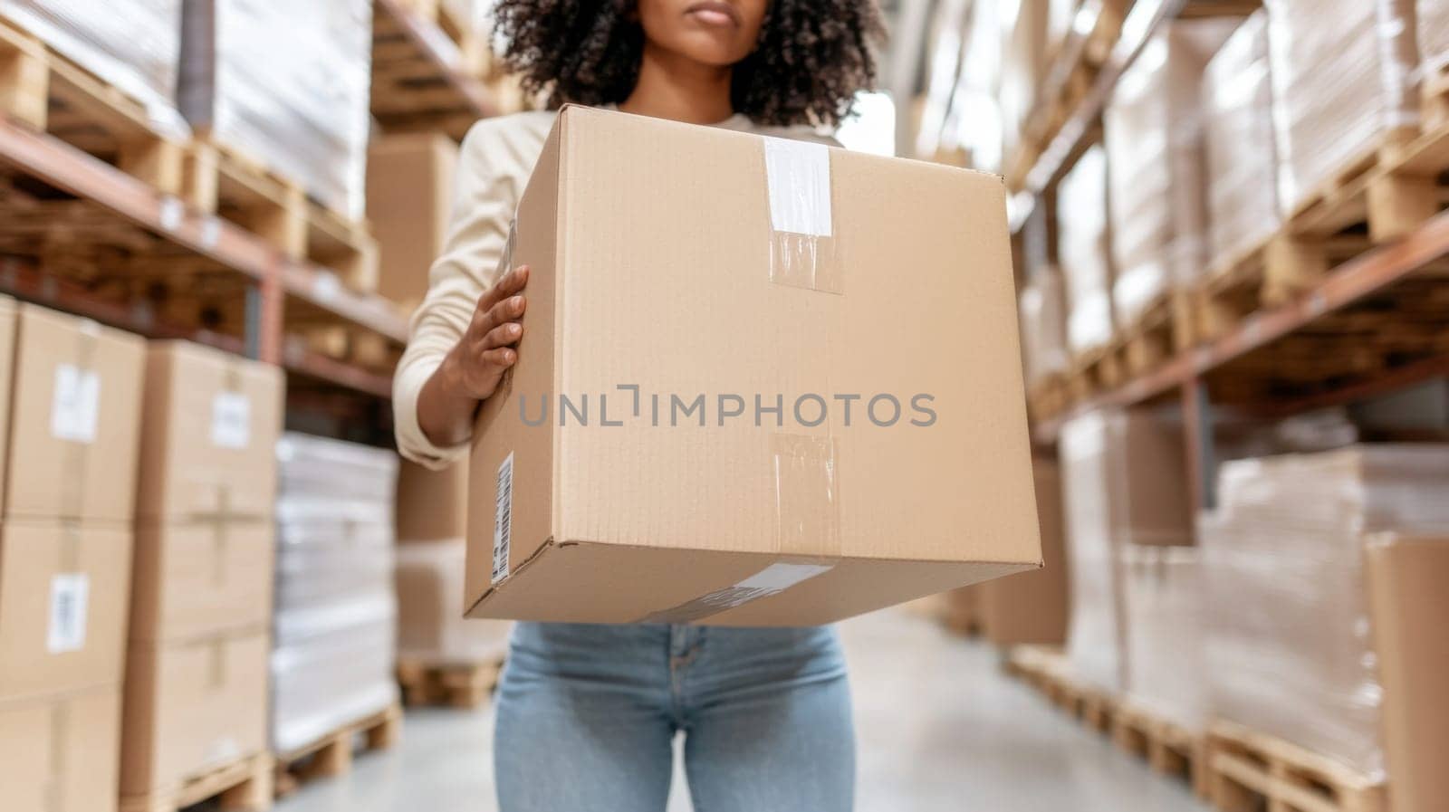 Woman carrying cardboard box in warehouse, logistics concept, background, AI Generated