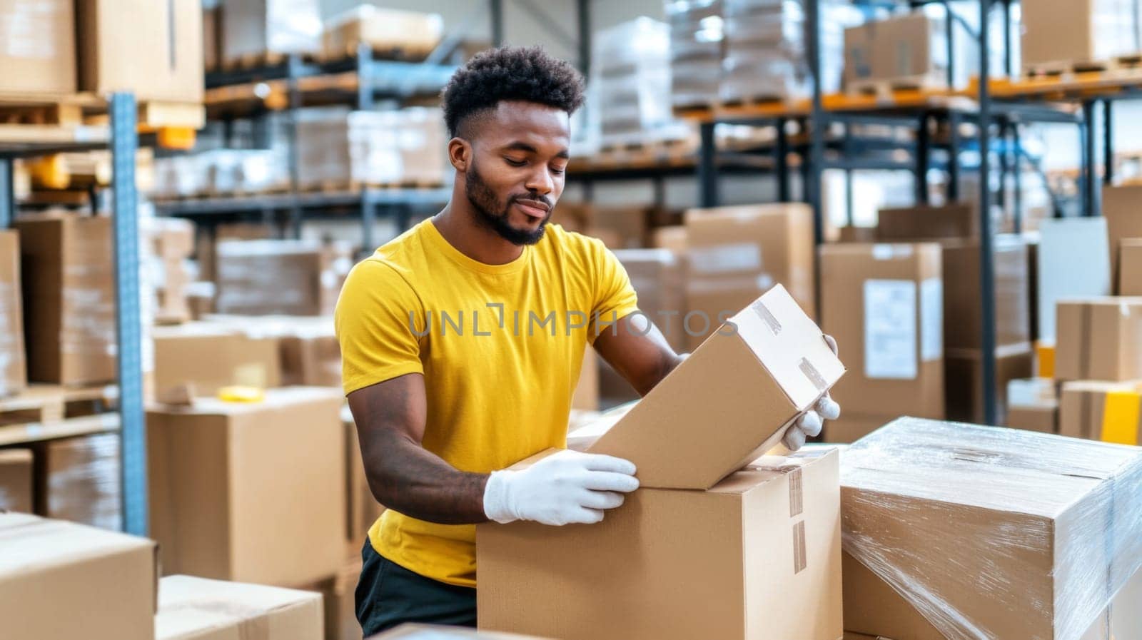 African american man in warehouse reaching for box, working, industrial logistics concept, AI Generated