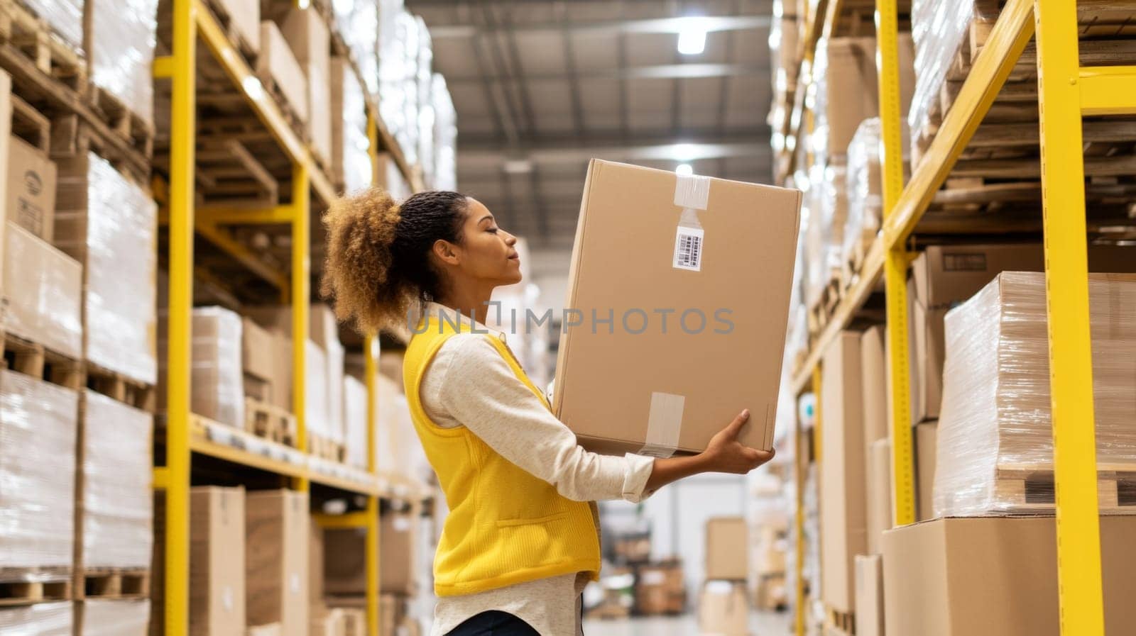 Woman carrying cardboard box in warehouse, logistics concept, background, AI Generated