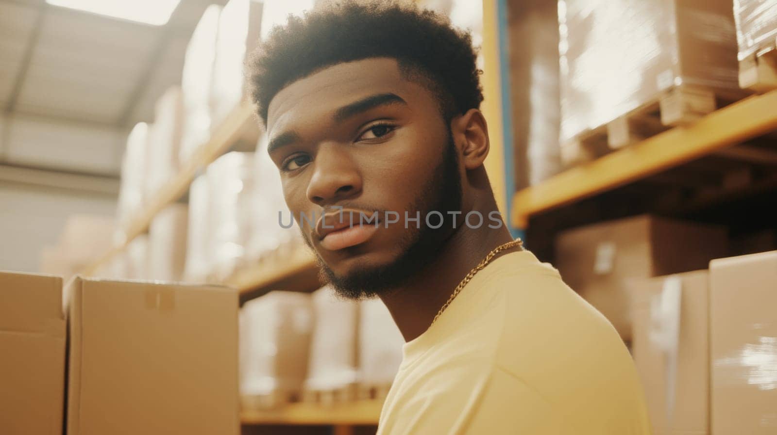 African american man in warehouse reaching for box, working, industrial logistics concept, AI Generated