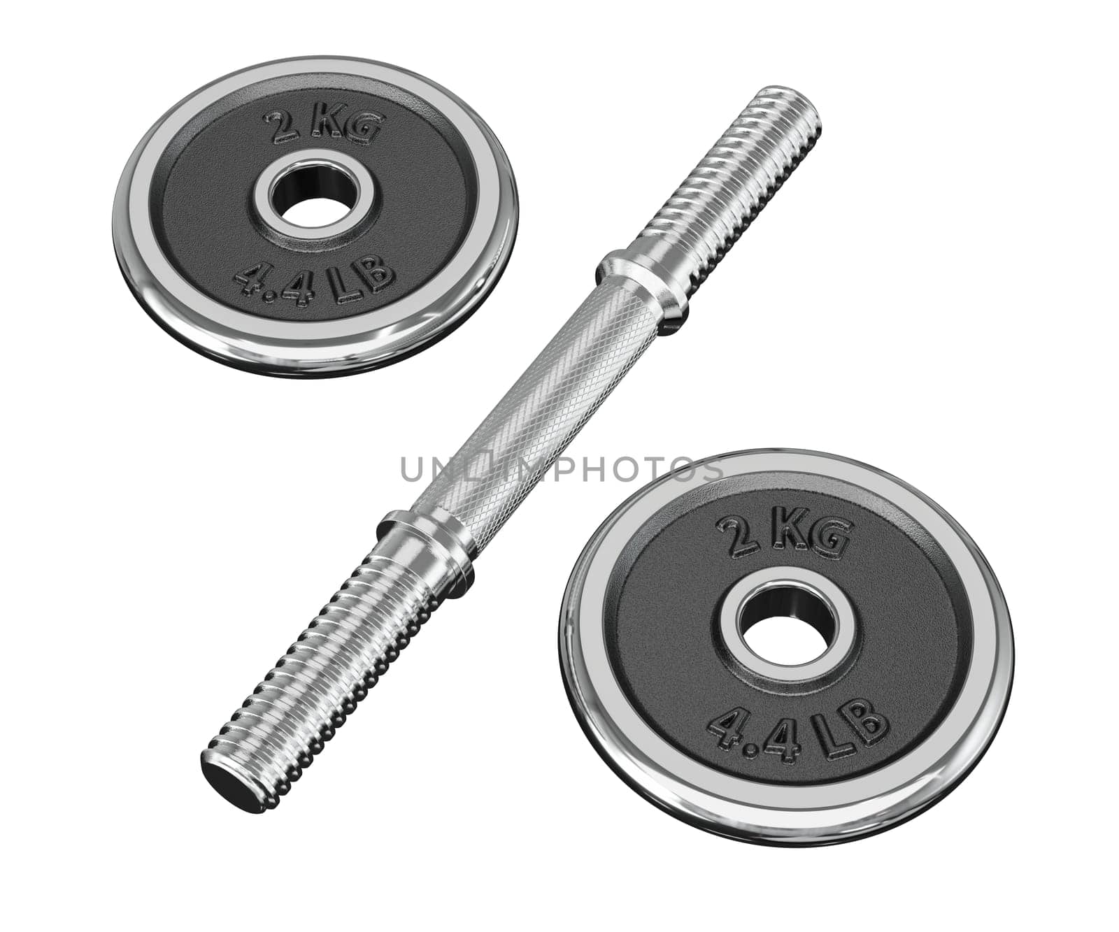 Parts of cast iron chrome Adjustable Dumbbel, rod and weight plates, isolated on white background. 3D illustration