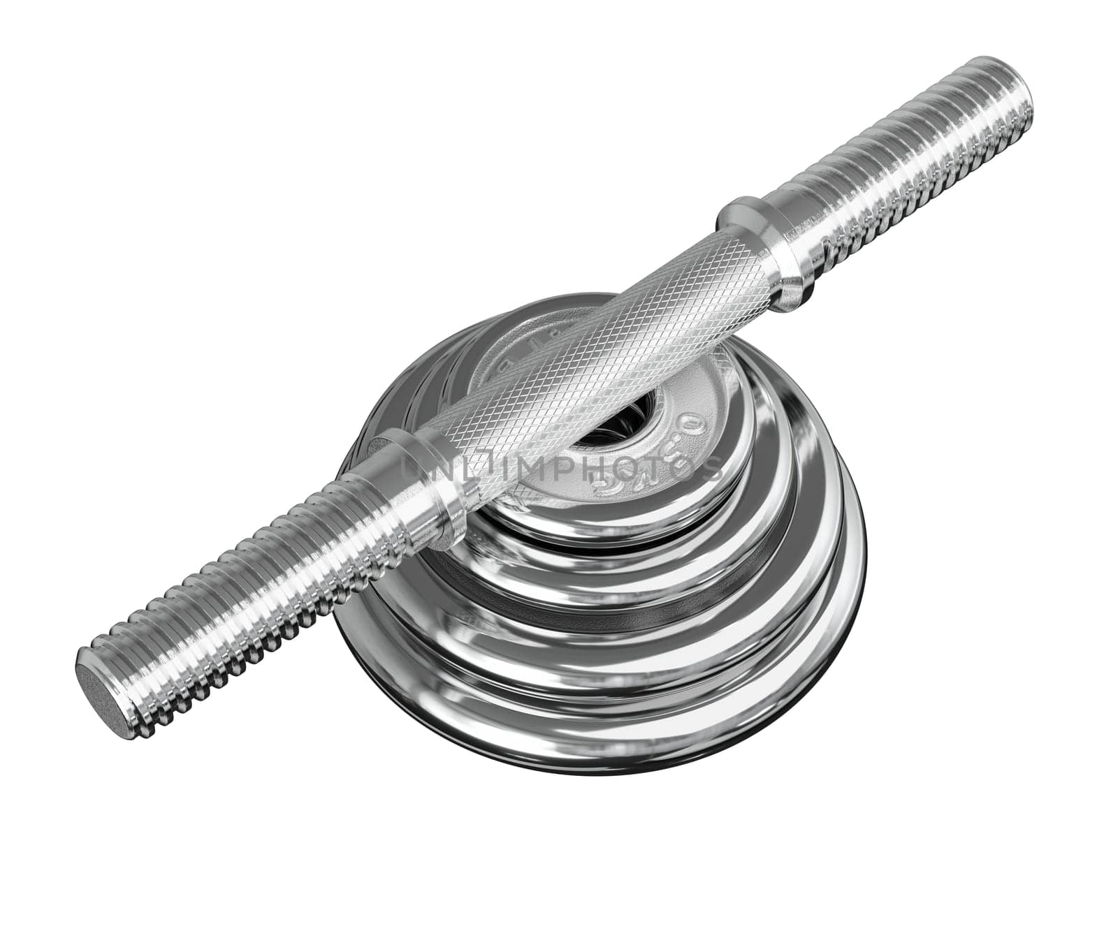Parts of cast iron Chrome Adjustable Dumbbel, rod and weight plates, isolated on white background. 3D illustration