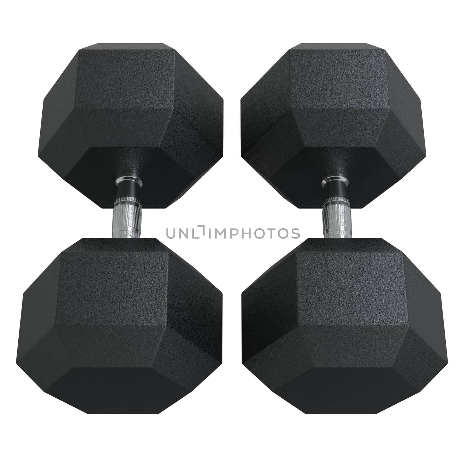 Blank Two Hex Dumbbells, weightlifting gym equipment, top view, isolated on white background. 3D illustration