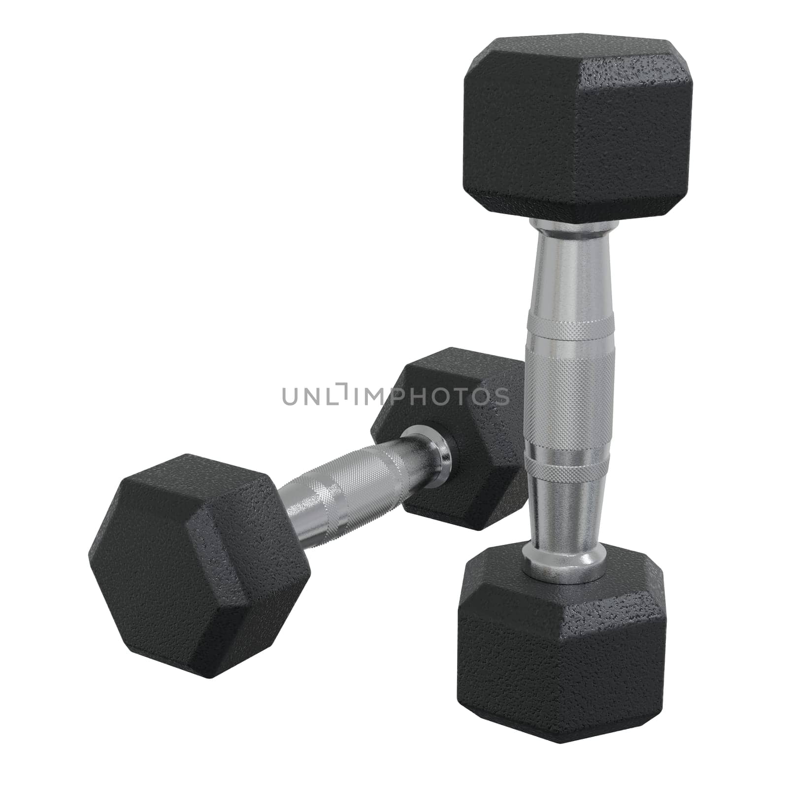 Blank Two Hex Dumbbells, weightlifting gym equipment, isolated on white background. 3D illustration