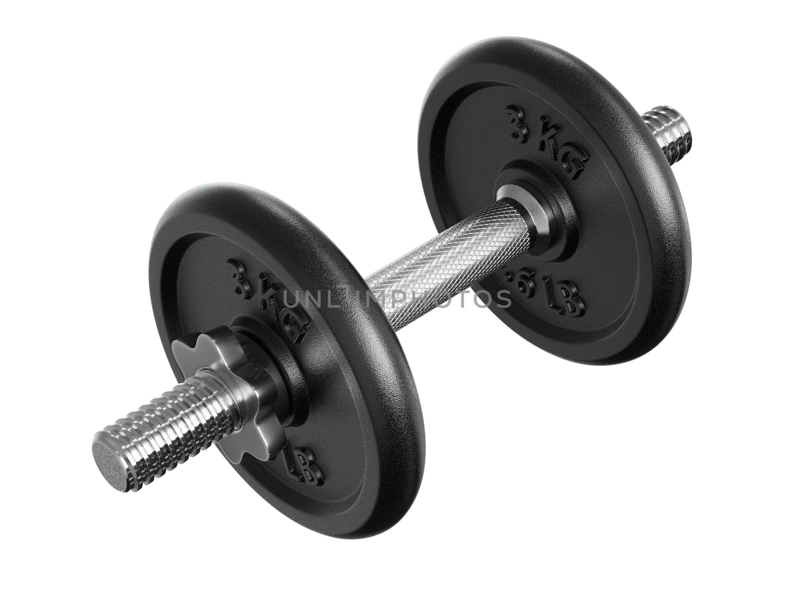 Cast Iron Black Adjustable Dumbbell, weightlifting gym equipment, side view, isolated on white background. 3D illustration