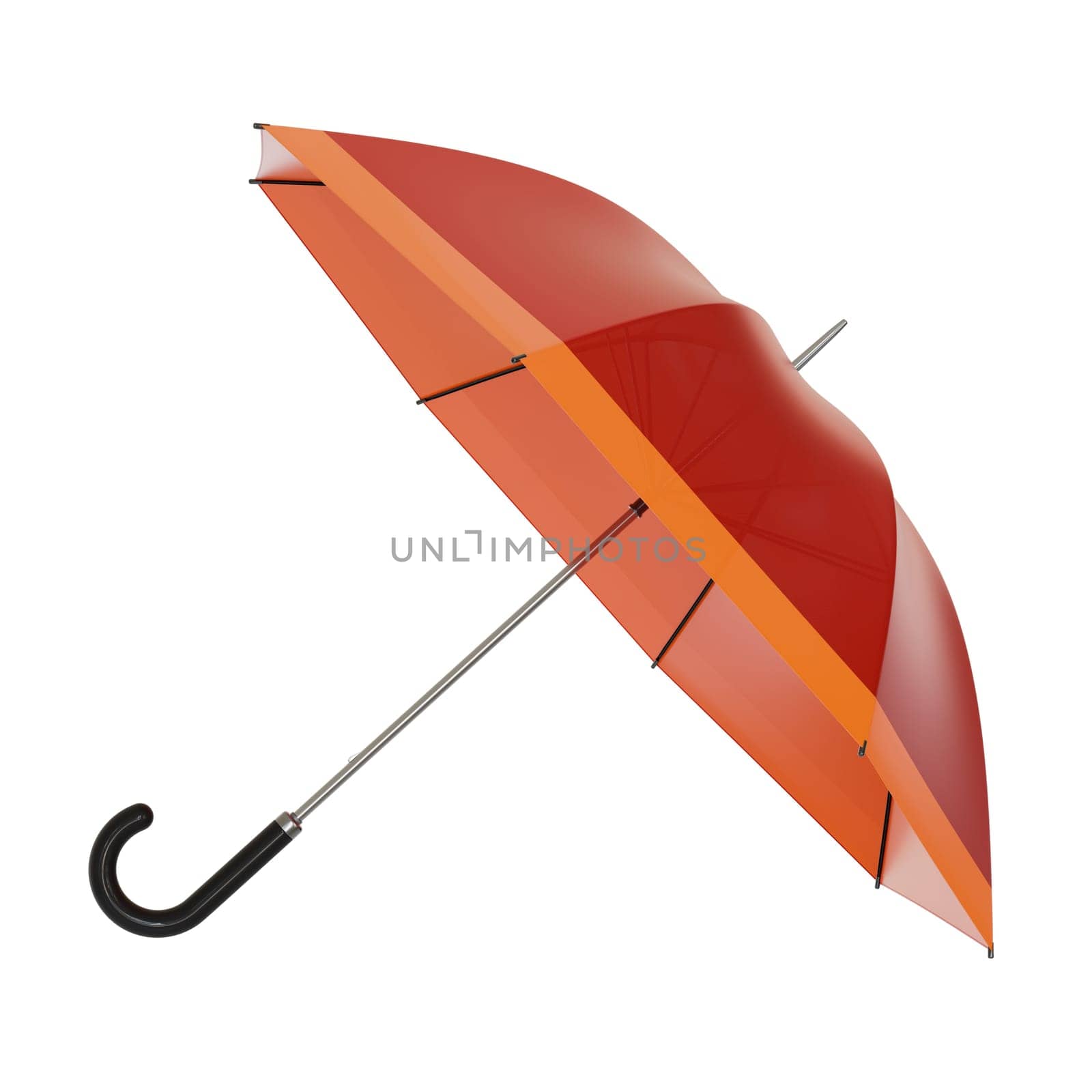 Open red umbrella with black handle lying on a side or flying away, isolated on white background. 3D illustration