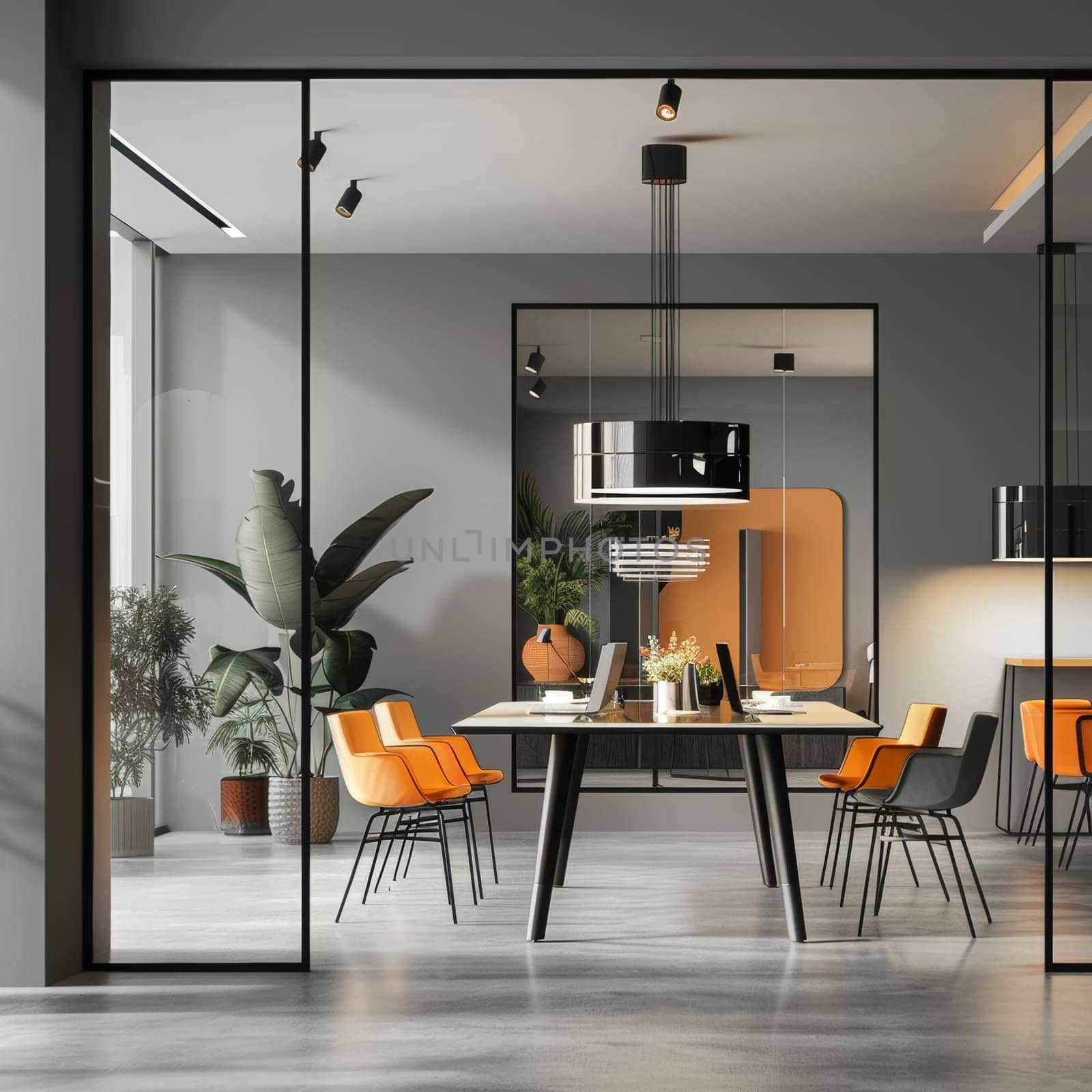 A modern office space with a large glass door and a table with chairs around it. The chairs are orange and black