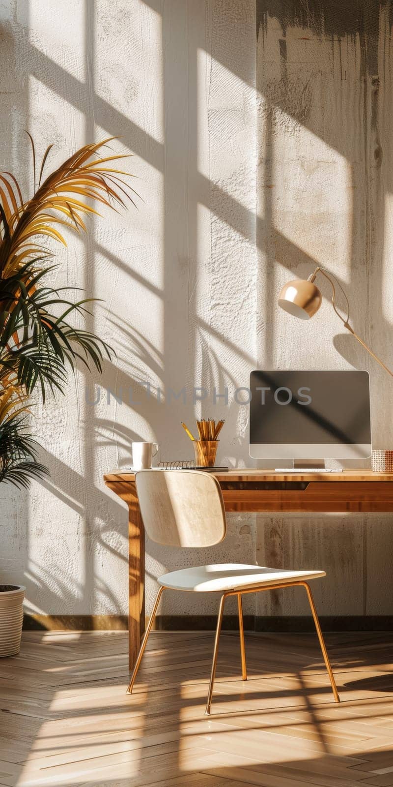 A computer desk with a chair and a computer monitor. The desk is in a room with a window that lets in sunlight