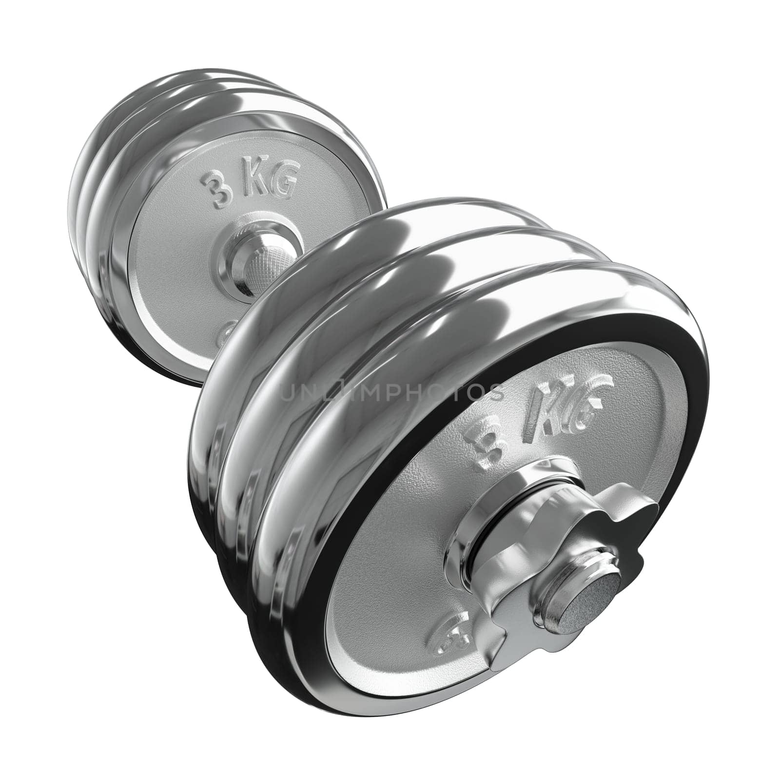 Cast Iron Chrome Adjustable Dumbbell, weightlifting gym equipment, wide angle view, isolated on white background. 3D illustration