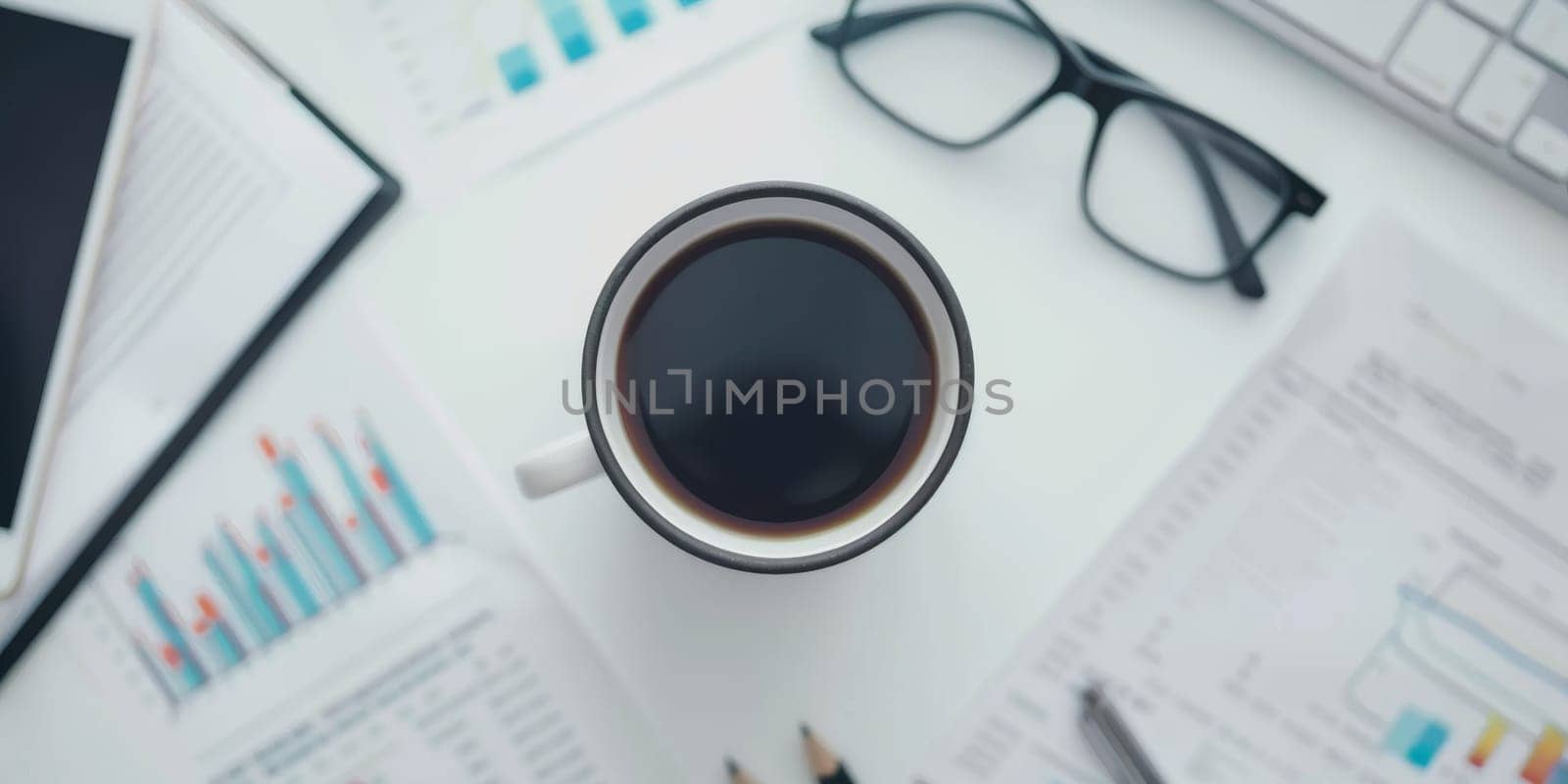 Top-down view of business tools and coffee on a clean white desk.