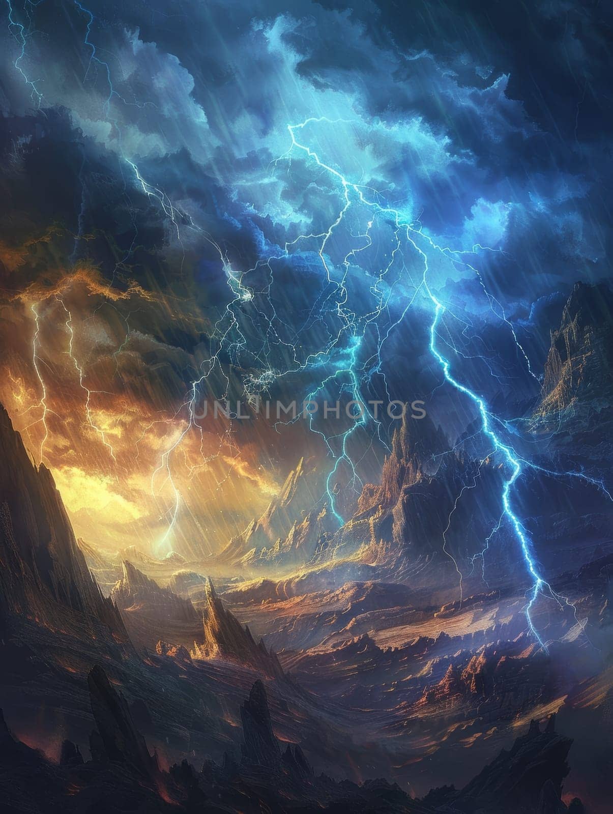An awe-inspiring display of natural electricity dancing over mystical mountain peaks at dusk. 3d rendering colored lightning strike