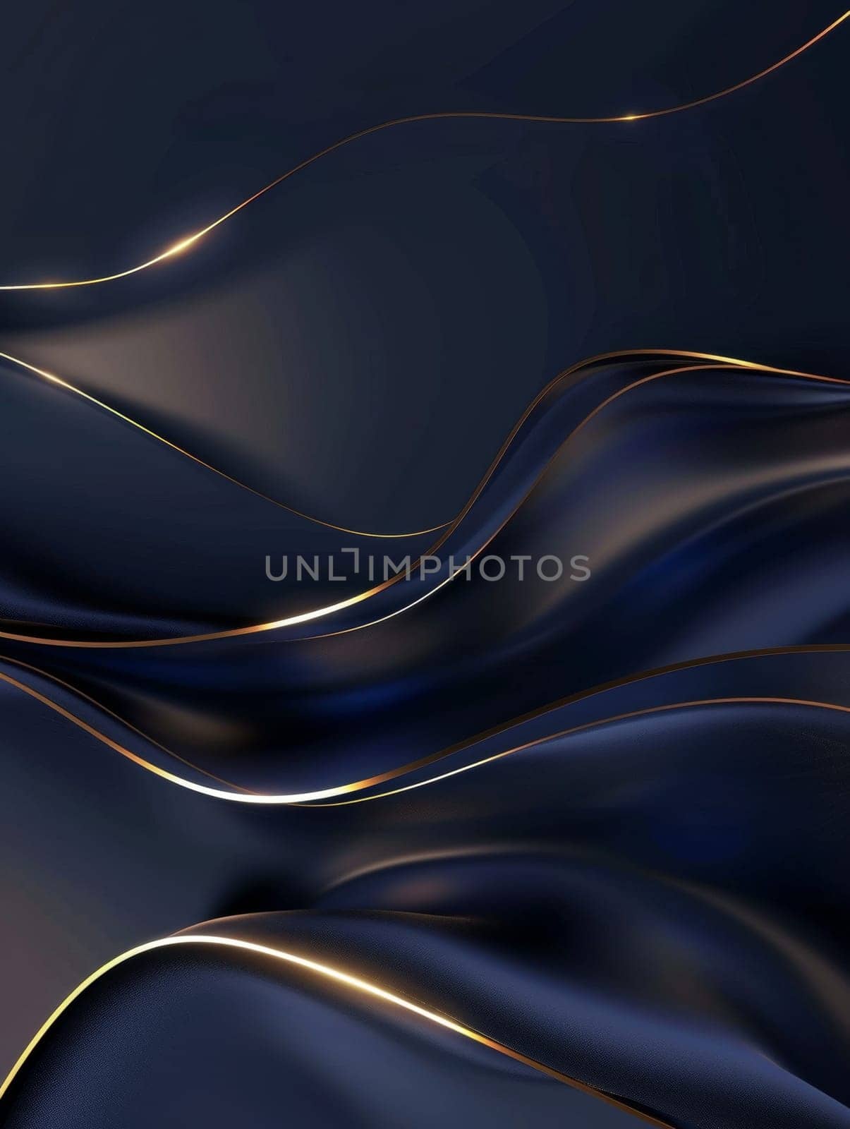 An abstract design featuring navy serenity with undulating golden hues, blending luxury with a soothing aesthetic. Blue gold abstract wave lines background