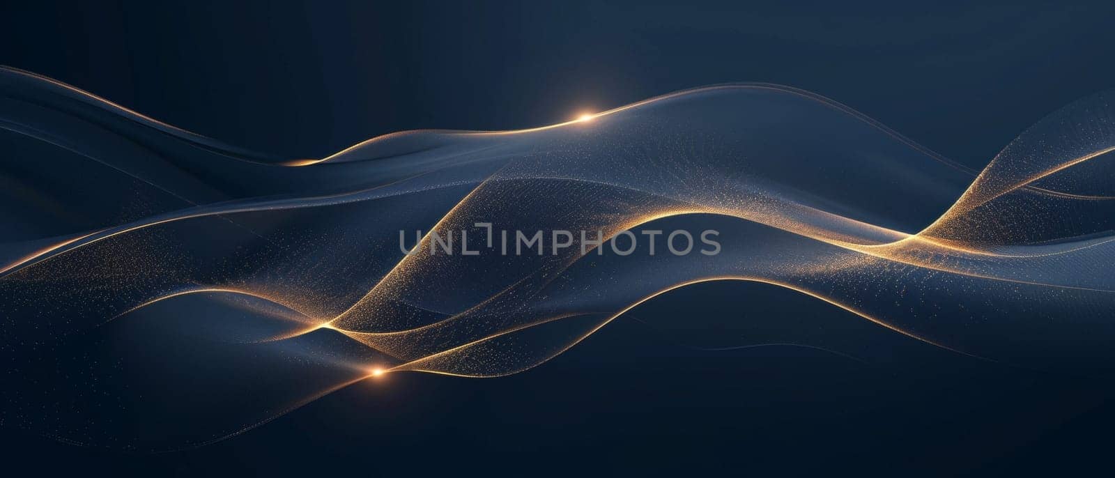 A luxurious abstract design featuring flowing golden lines on a navy canvas, exuding a sense of movement and sophistication. Blue gold abstract wave lines background