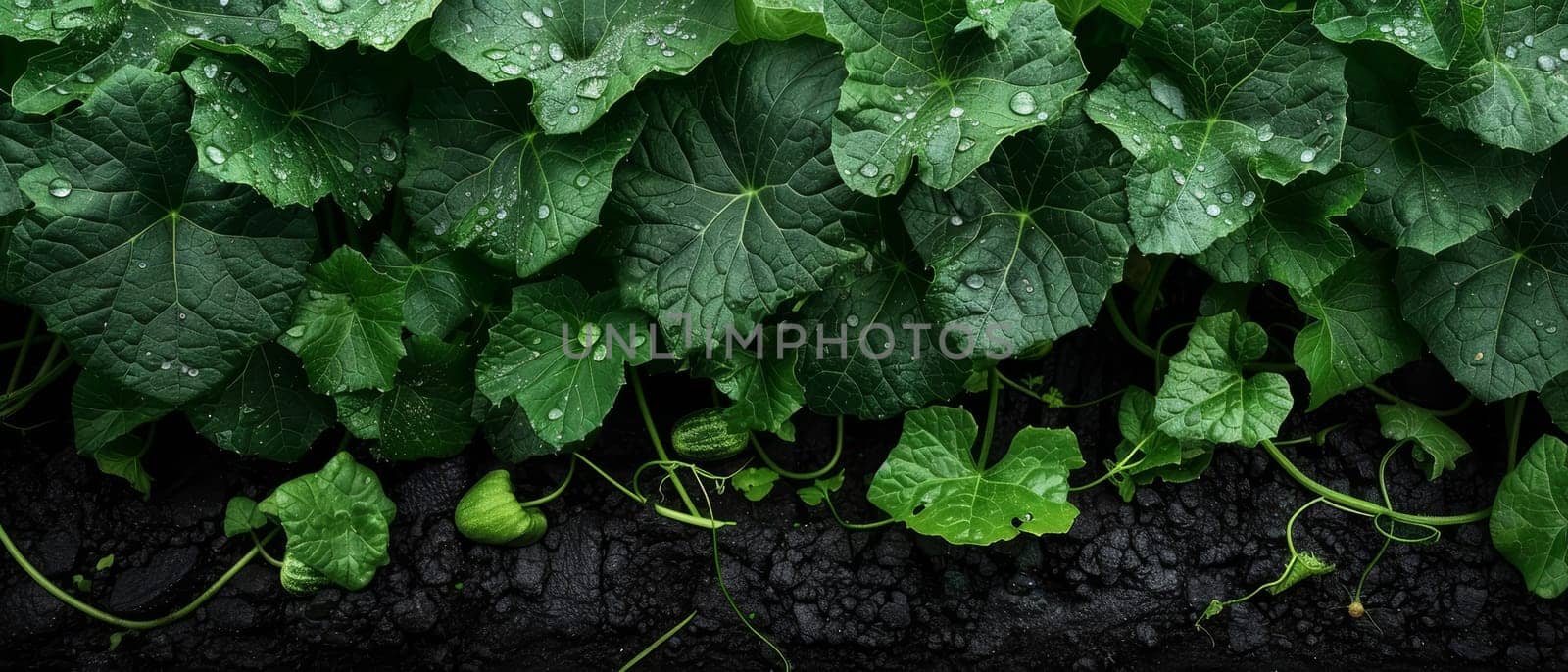 Water droplets glisten on the broad leaves of cucumber vines sprawling over dark, fertile soil