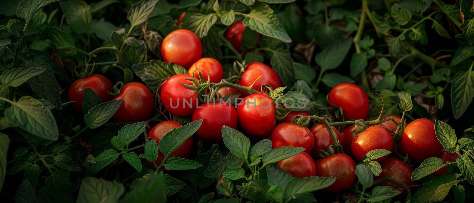 Twilight settles over a rich harvest of tomatoes, enveloping the lush greenery in subtle darkness