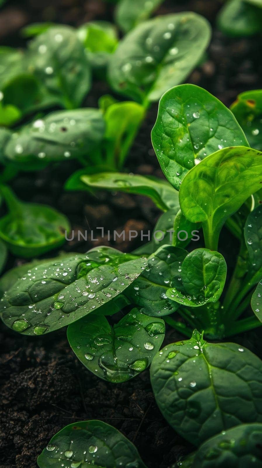Sunlight filters through vibrant green spinach leaves bejeweled with morning dew on fertile soil