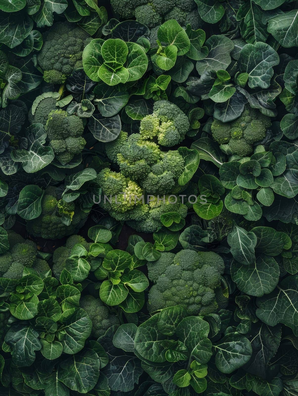 An intense, dramatic close-up of tightly clustered broccoli florets, their deep, almost black-green hues and intricate structures commanding attention
