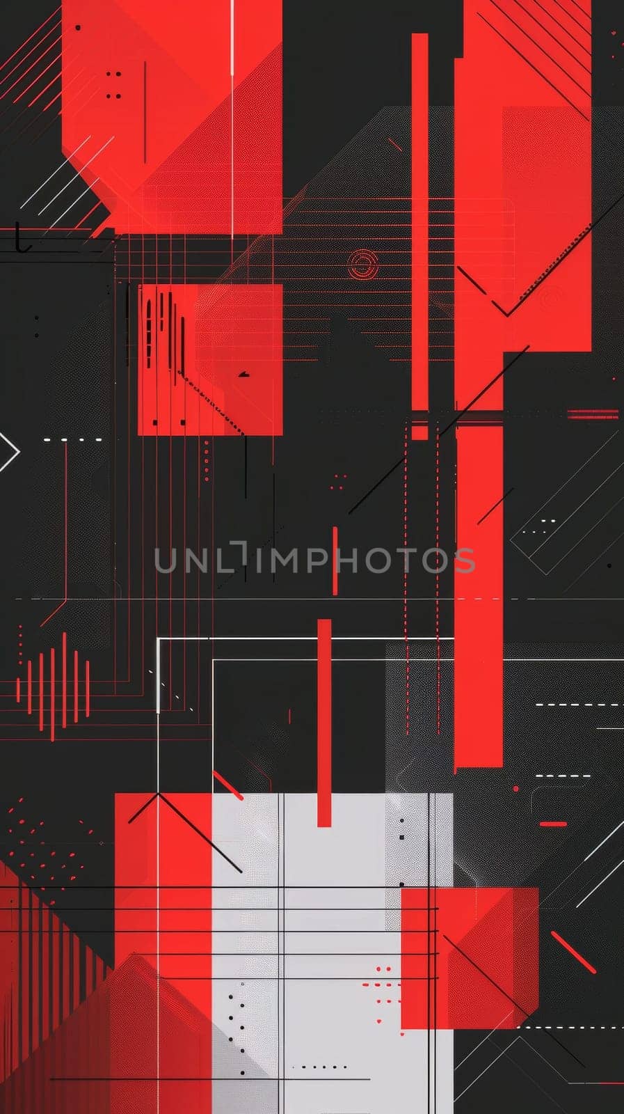 A complex red geometric pattern overlaid on a black background creates a visually captivating abstract artwork. Black white red abstract geometric presentation