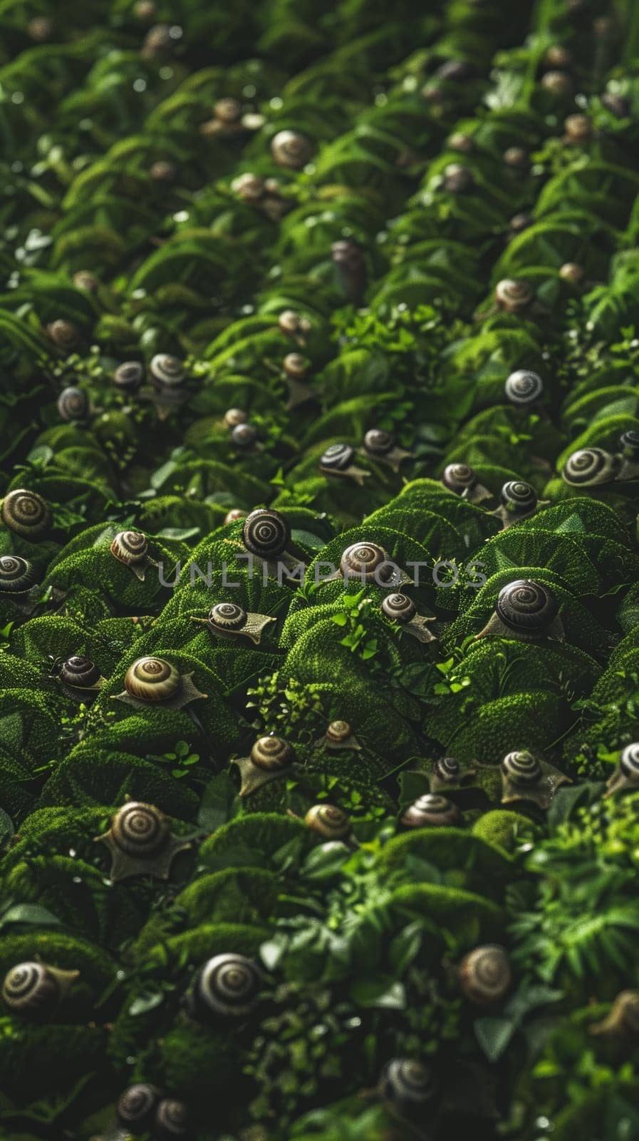 Vibrant green leaves host an abundance of snails in a sustainable snail farm, a close-up view into snail farming practices